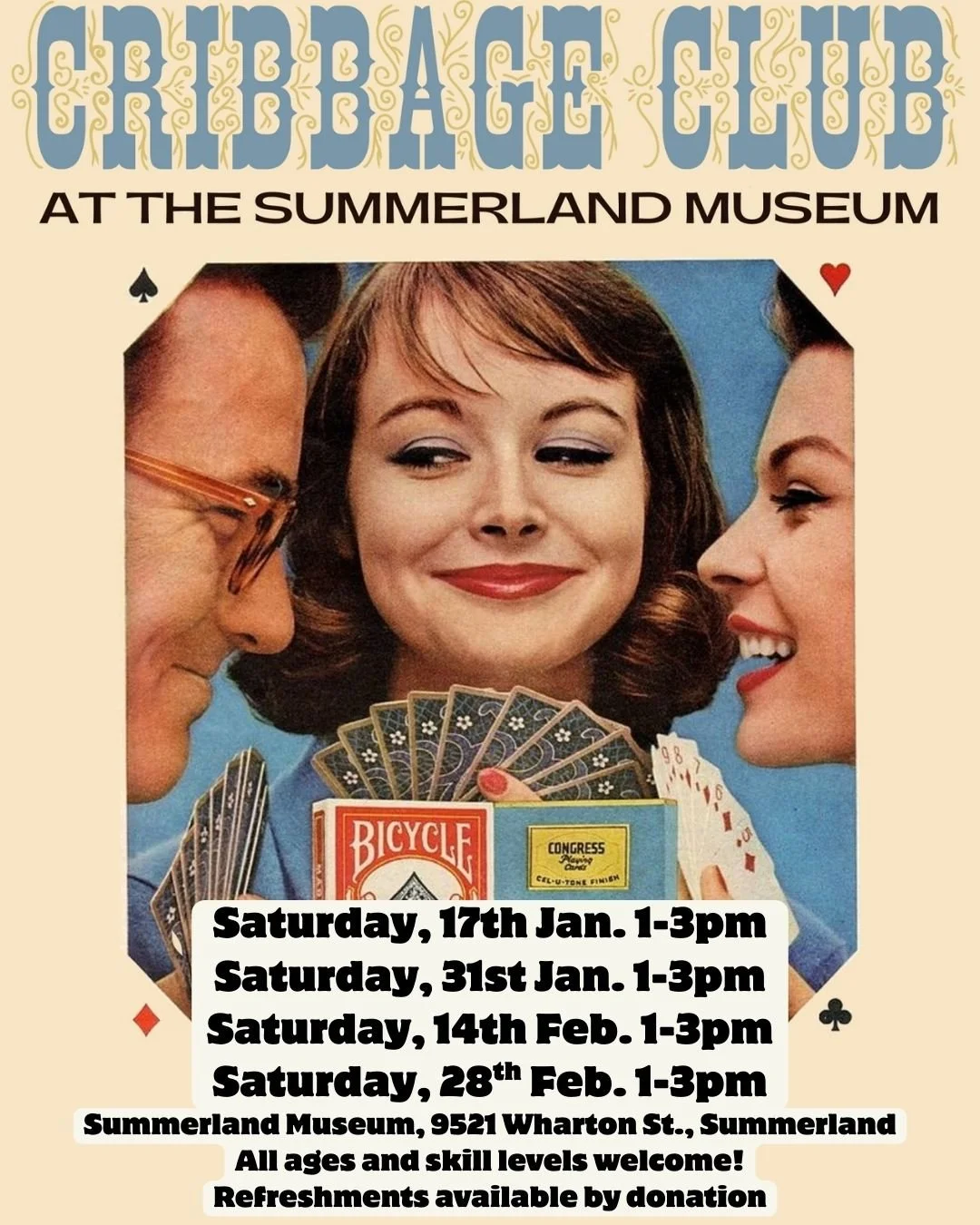 Our first Crib Club get together of 2026 is this Saturday! All ages and abilities are welcome. Never played cribbage before? Why not learn a new skill for the new year?
We look forward to seeing familiar faces and welcoming new friends to the museum 