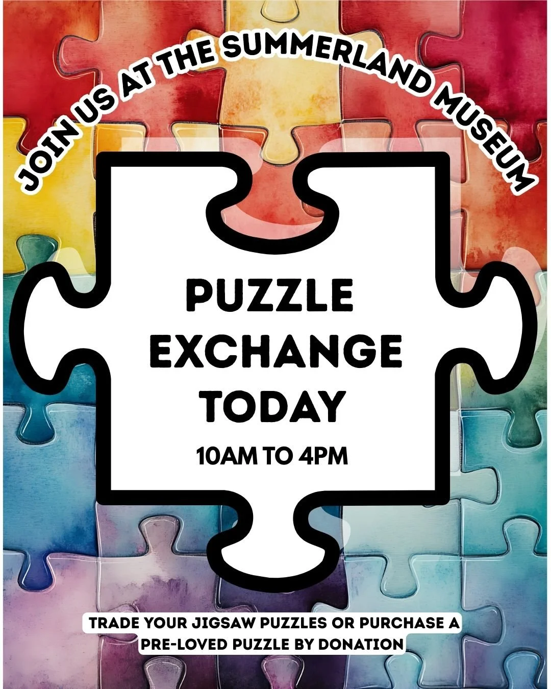Puzzle Exchange happening TODAY!

We have lots of puzzles available. Drop in to swap your puzzle for a new one or purchase one (by donation)