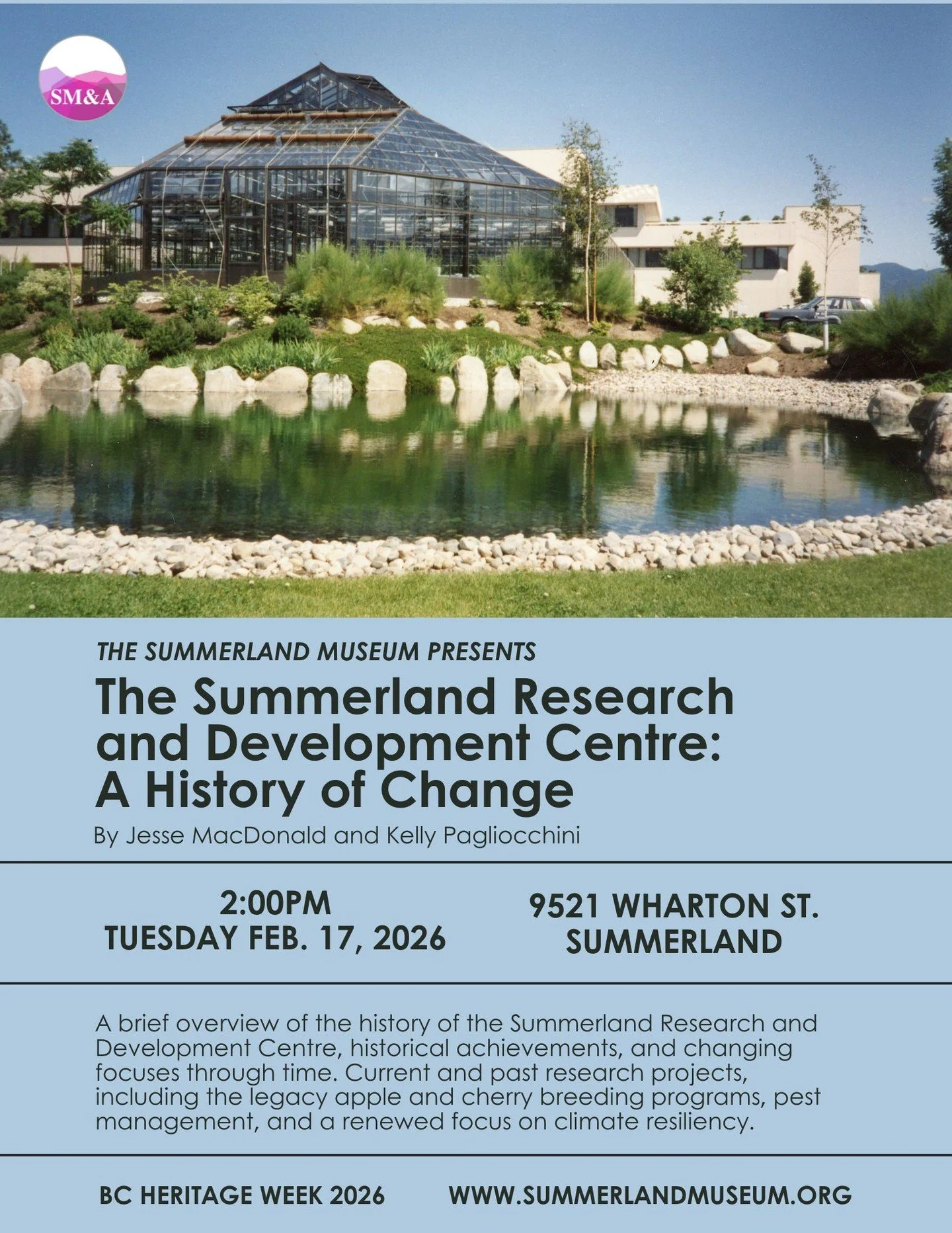 Join us THIS AFTERNOON for a special presentation on "The Summerland Research and Development Centre: A History of Change" by Jesse MacDonald and Kelly Pagliocchini for BC Heritage Week.
No registration needed but space is limited so please