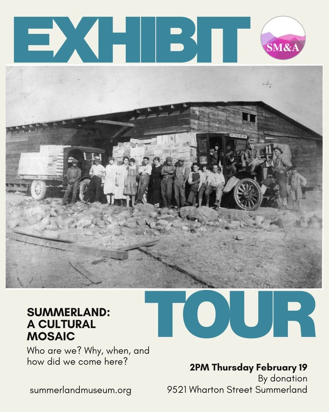 There are a couple of spaces still available on this afternoon's museum tour (Thursday, 19th Feb; 2pm)!

Join us for a special tour of the Summerland Museum&rsquo;s permanent exhibits on the theme of &ldquo;Summerland: A Cultural Mosaic&rdquo;. Learn