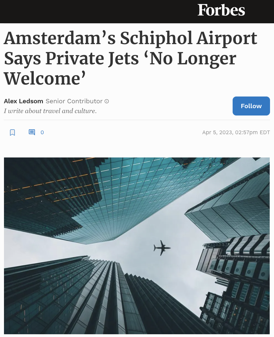 Amsterdam’s Schiphol Airport Says Private Jets ‘No Longer Welcome’