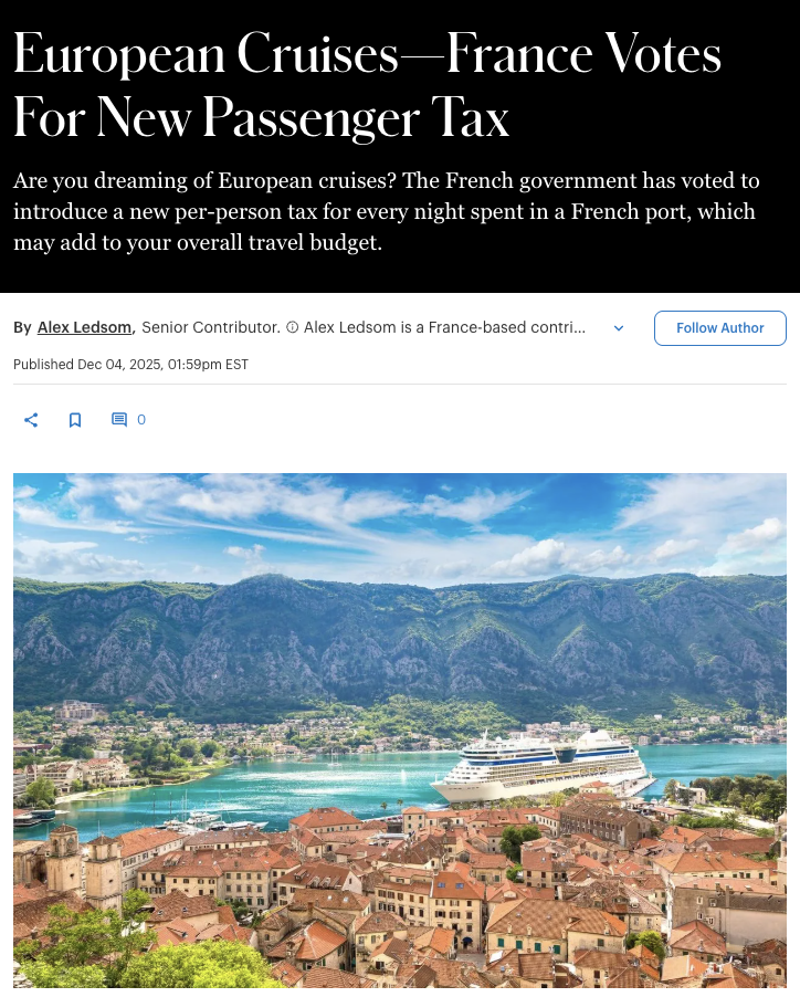 European Cruises—France Votes For New Passenger Tax