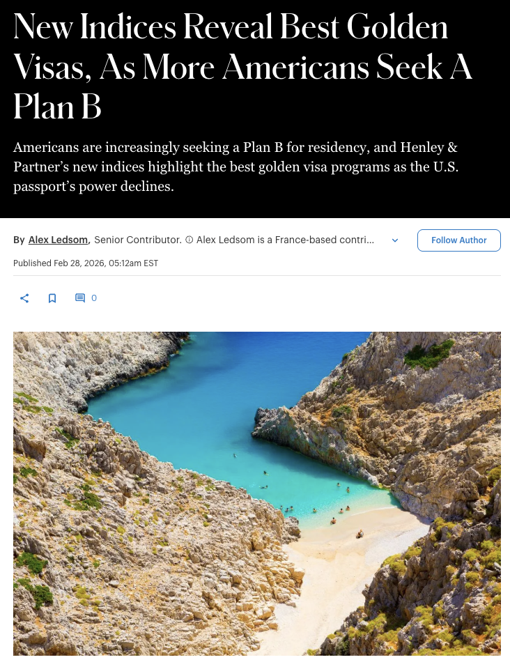 New Indices Reveal Best Golden Visas, As More Americans Seek A Plan B