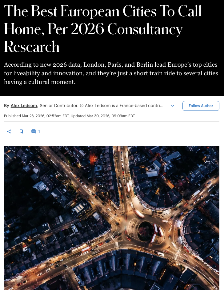 The Best European Cities To Call Home, Per 2026 Consultancy Research