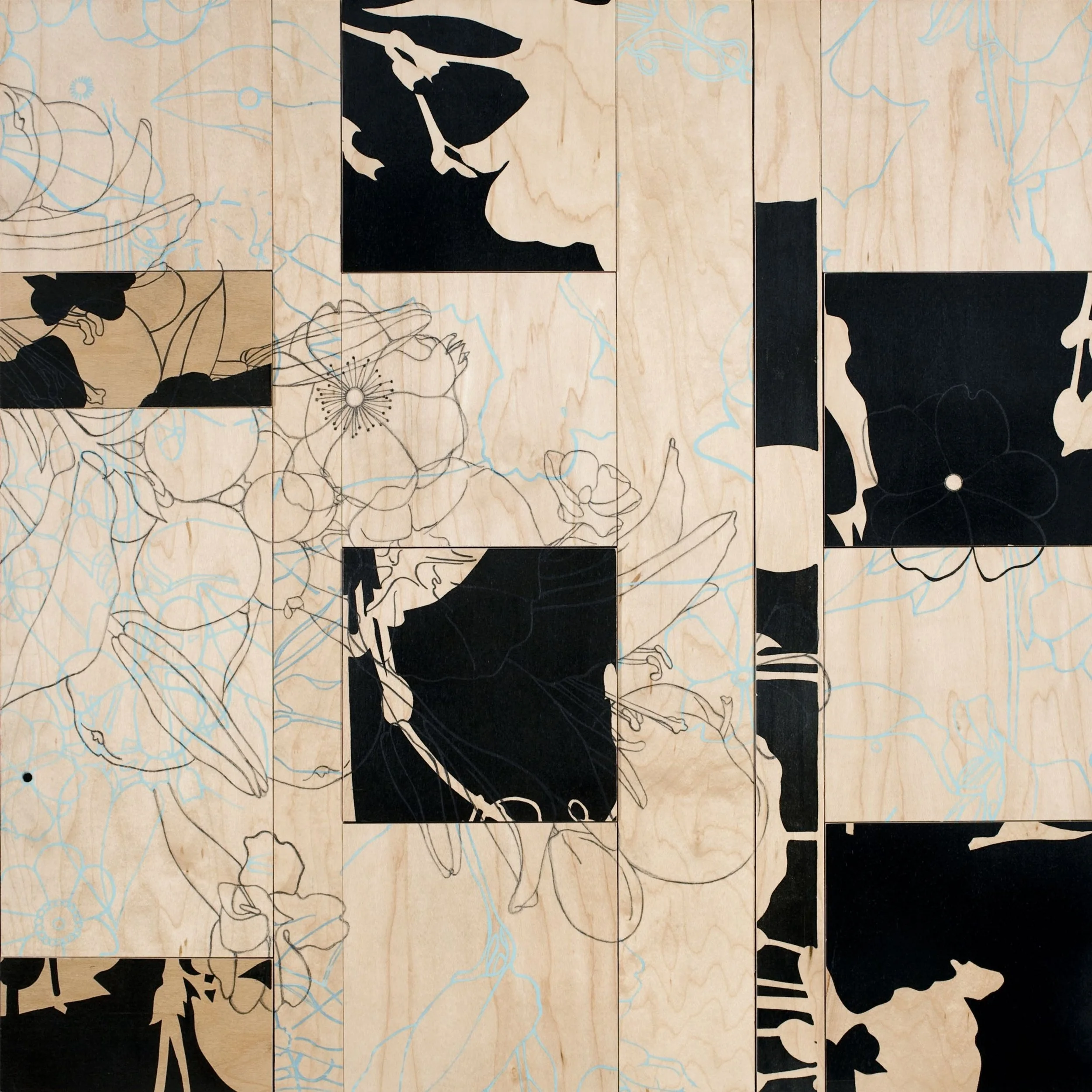 Vera's Line #3, 20in x 20in x 2.5in, Hand pulled screen prints on Birch Plywood with graphite and ink drawing, 2007