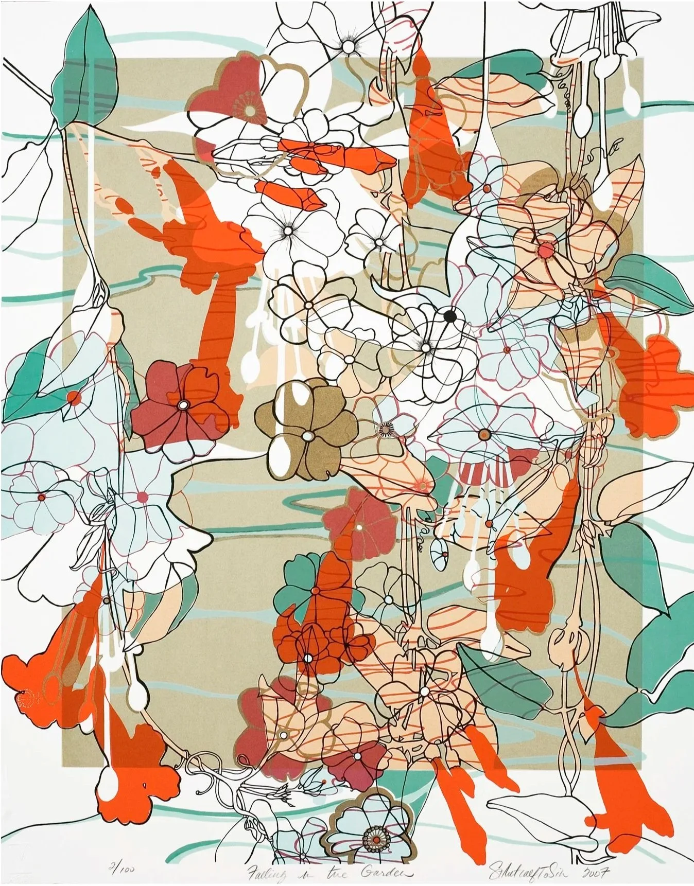 Falling in the Garden, 2007, Limited Edition Screen Print, 27.75in x 22in unframed