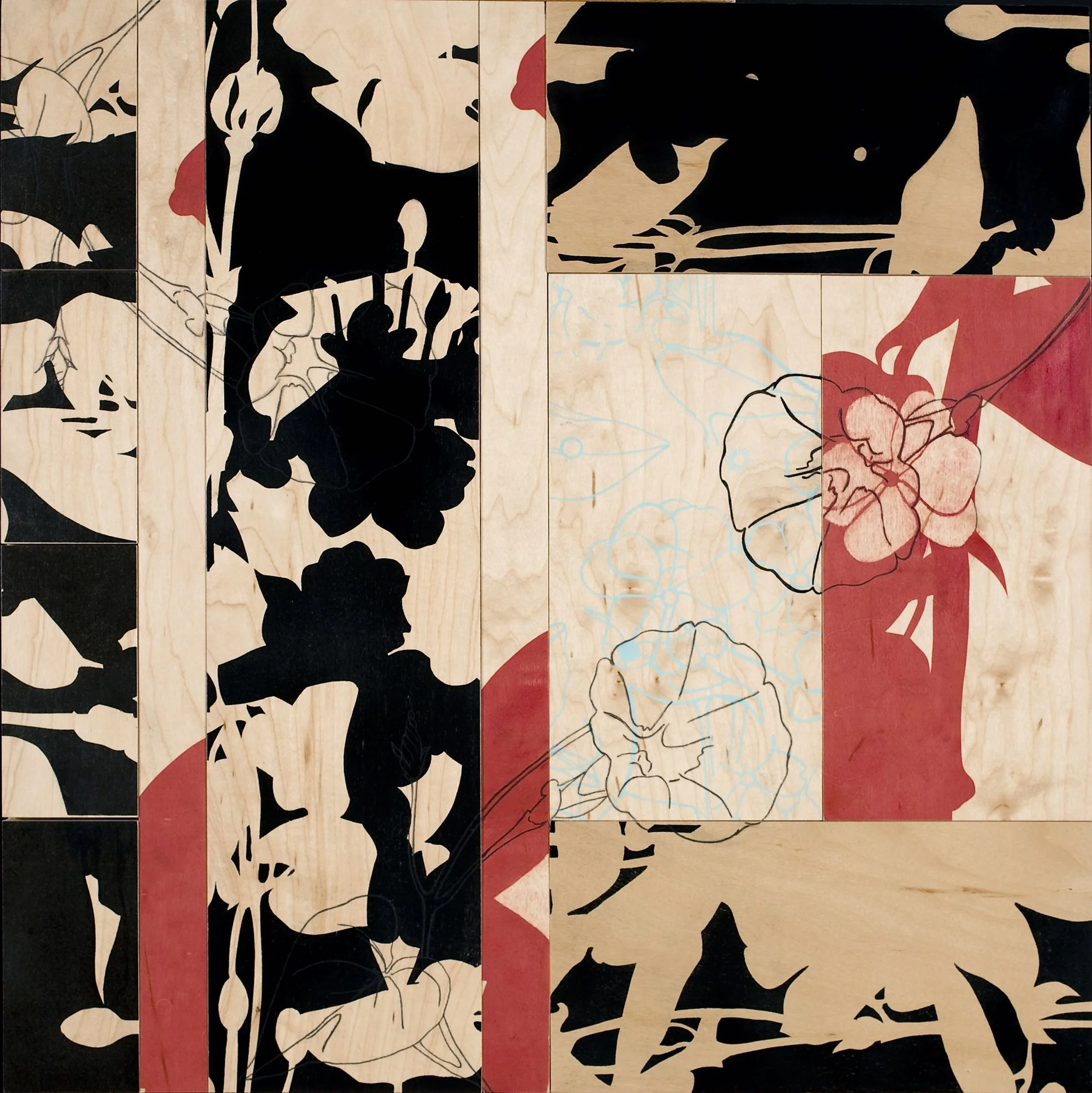 Vera's Line #7, 20in x 20in x 2.5in, Hand pulled screen prints on Birch Plywood with graphite and ink drawing, 2007