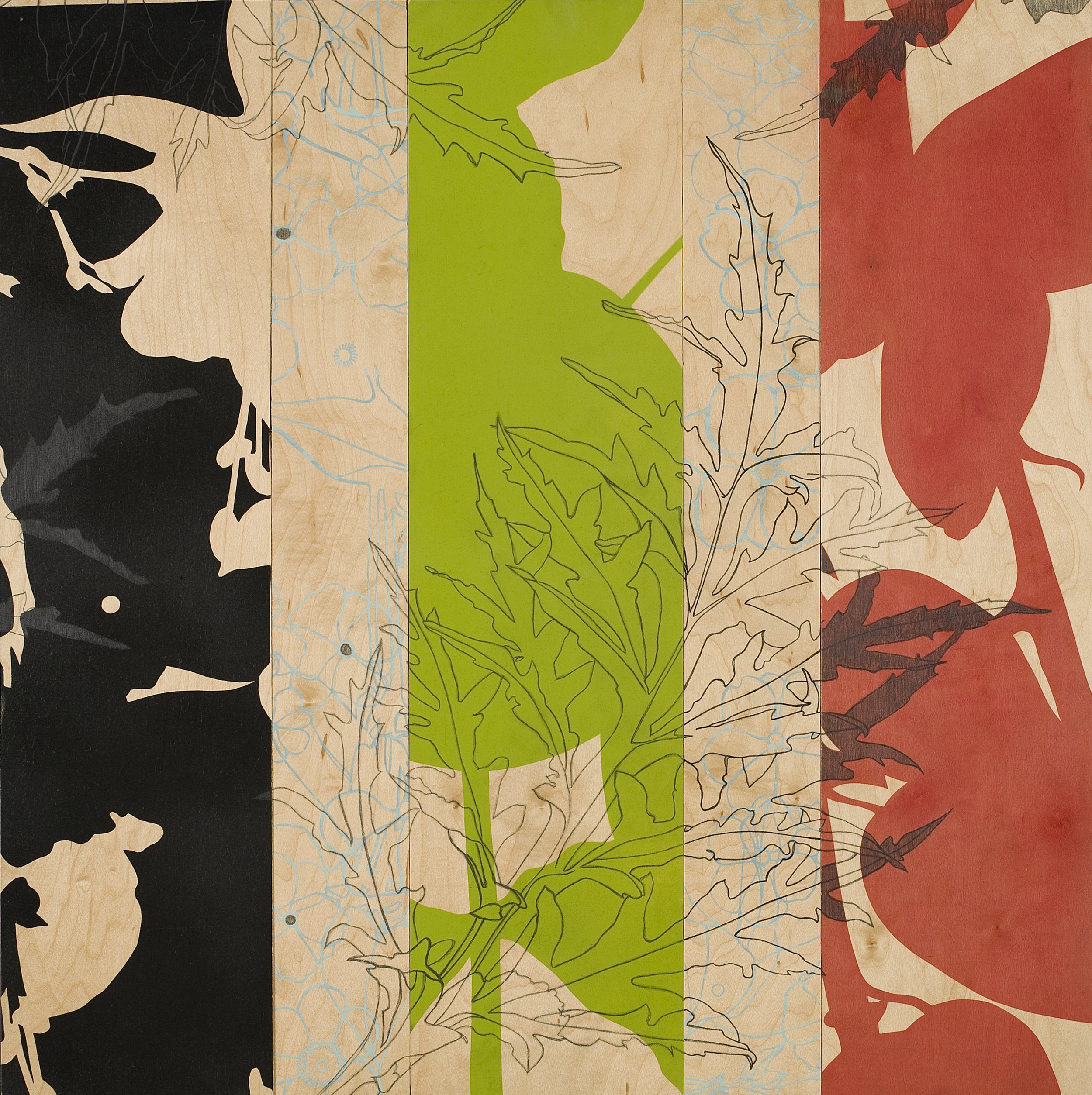 Vera's Line #1, 20in x 20in x 2.5in, Hand pulled screen prints on Birch Plywood with graphite and ink drawing, 2007