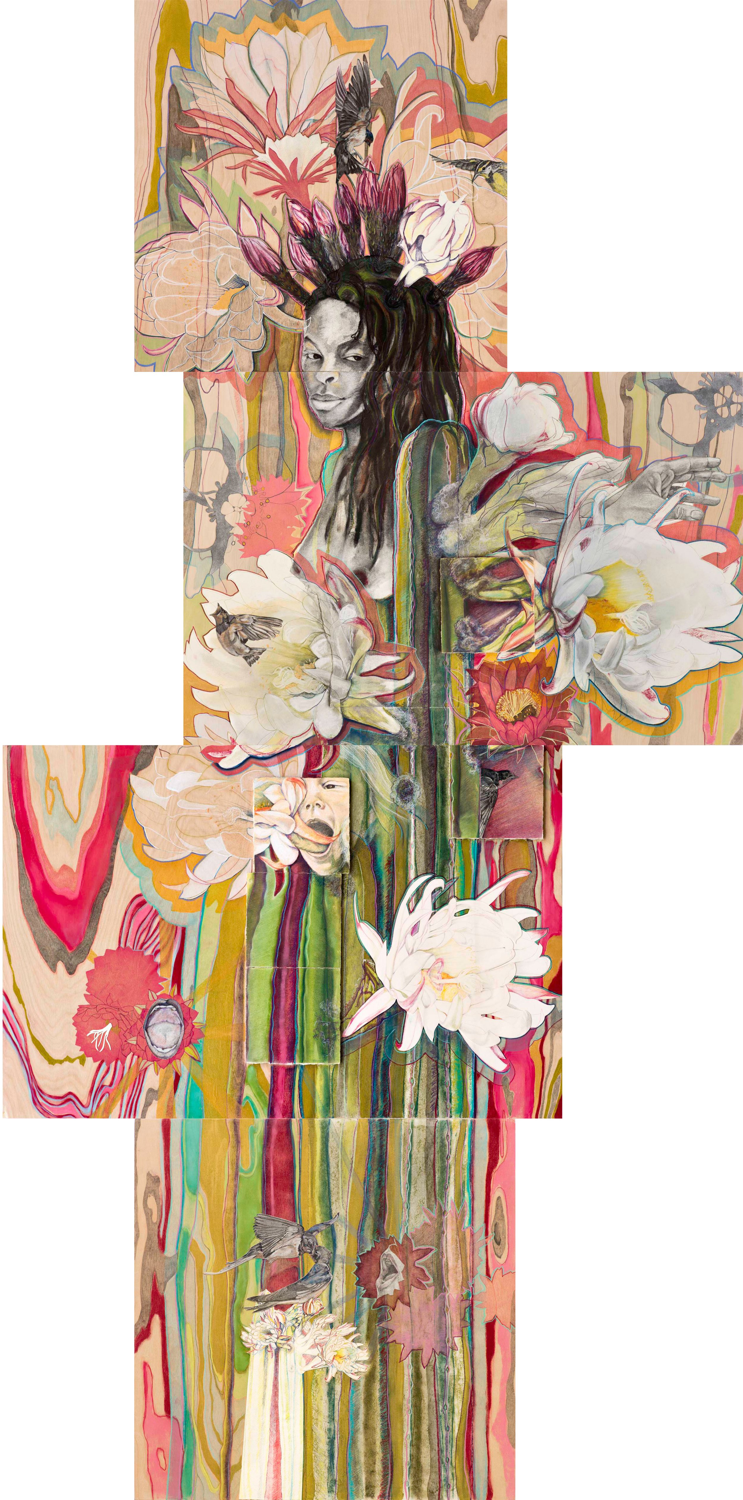 Blooming From Within, Mixed Media Drawing on Wood Panels 48"x96"x1"