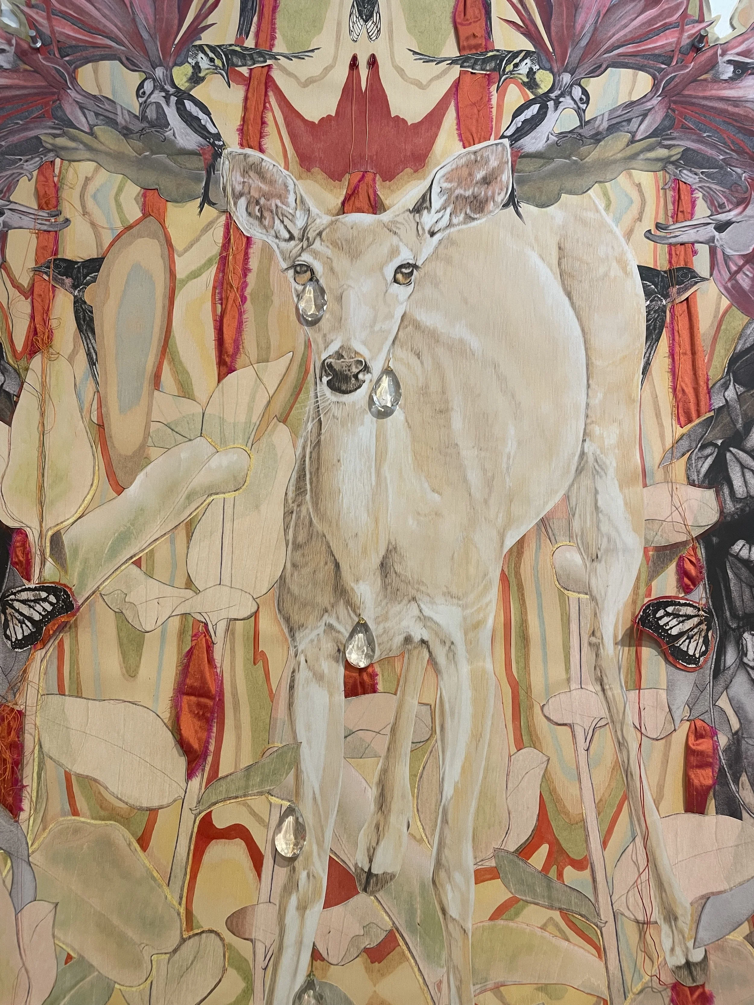 Detail featuring a White Tailed deer with fantastical antlers, adorned with hanging teardrop-shaped crystals, surrounded by leaves, flowers, butterflies and birds. 