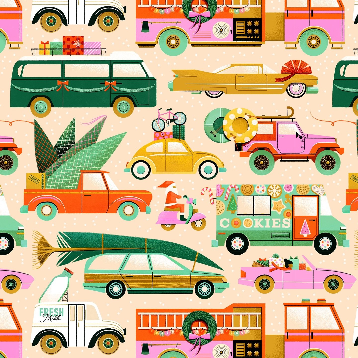 Holiday Highway! I&rsquo;m in pattern mode behind the scenes over here as well as Christmas mode, both of which reminded me of this pattern I made for @borderleap last year 🚙💨 #illustration #christmas #cars #vehicle #pattern #surfacedesign #pattern