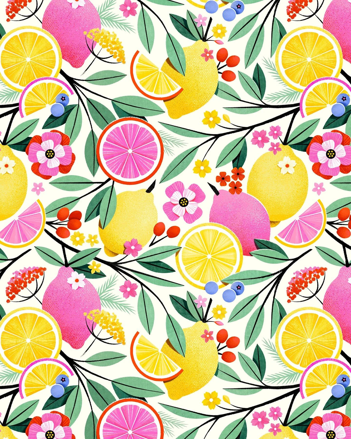 On a &lsquo;reworking old work&rsquo; kick! Redrew my old  pink lemonade pattern and had much fun with the textures. Thinking a new citrus pattern will be next 🍋&zwj;🟩🍊💛 #illustration #pattern #surfacepattern #printandpattern #patterndesign #they