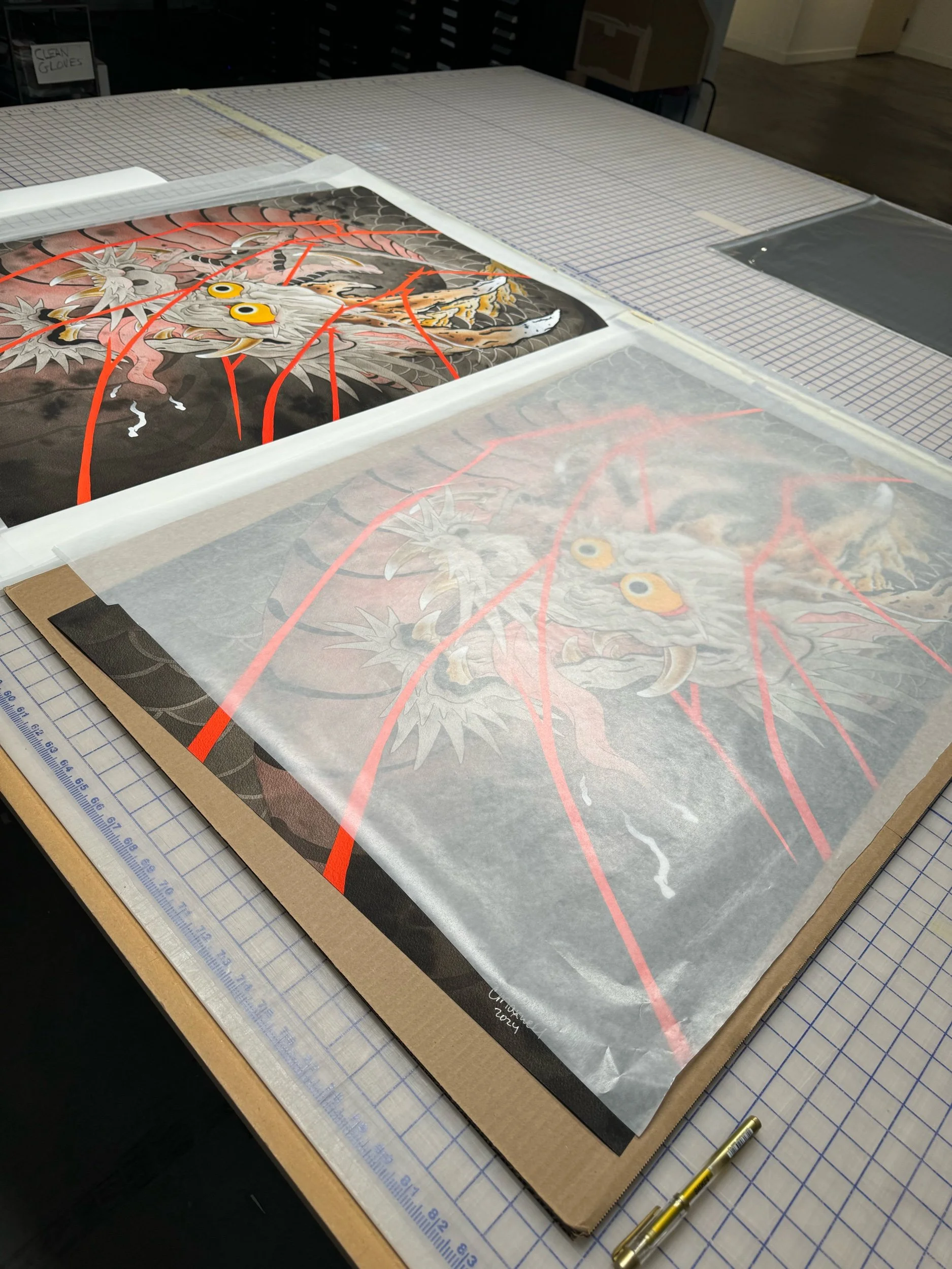 Photo of giclee prints for the Year of the Dragon painting submission for the Year of the Dragon art show at 111 Minna, in San Francisco, by Bay Area tattoo artist, Cindy Maxwell.
