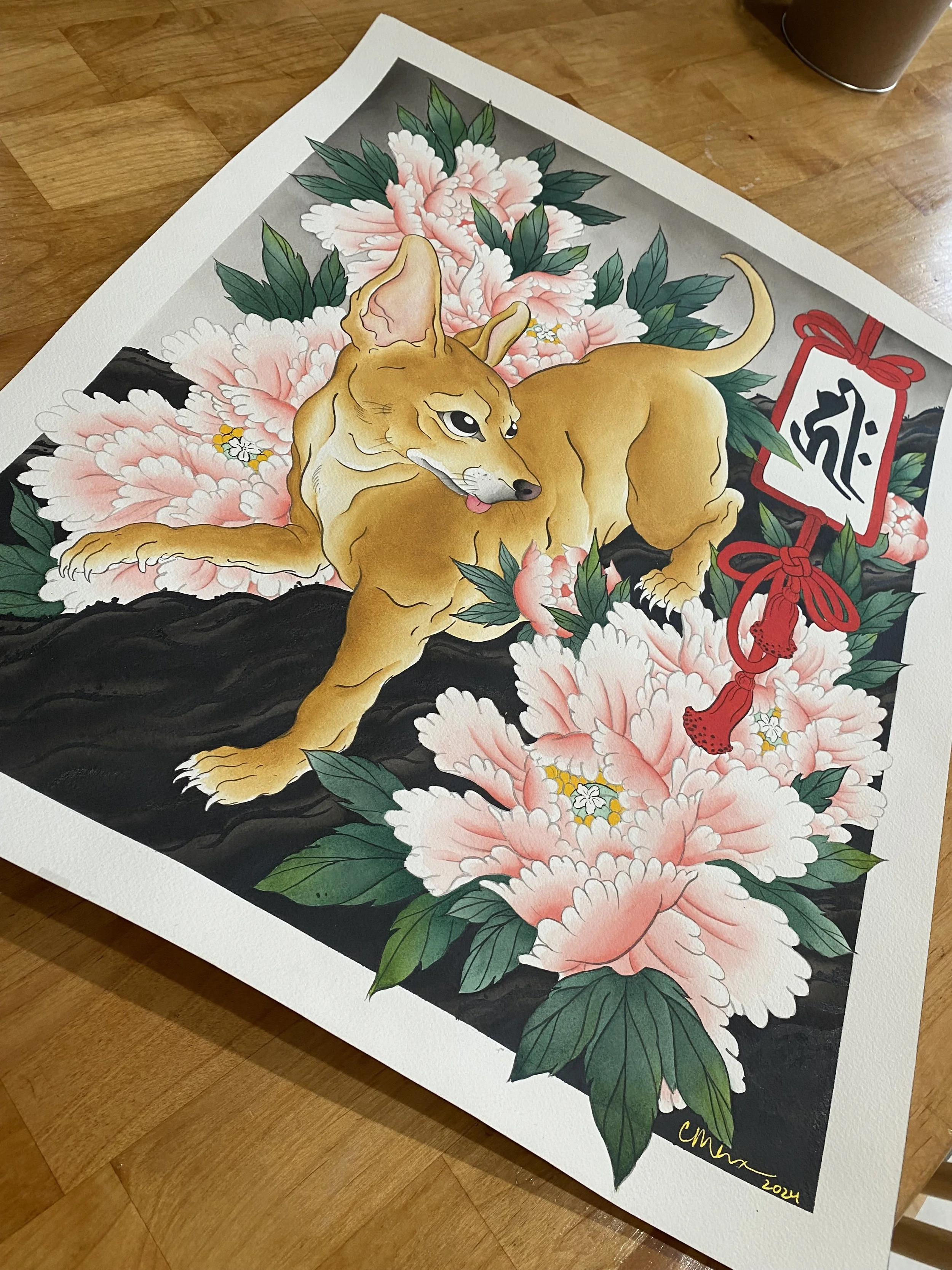 Dog and peony painting by Cindy Maxwell 3.jpeg
