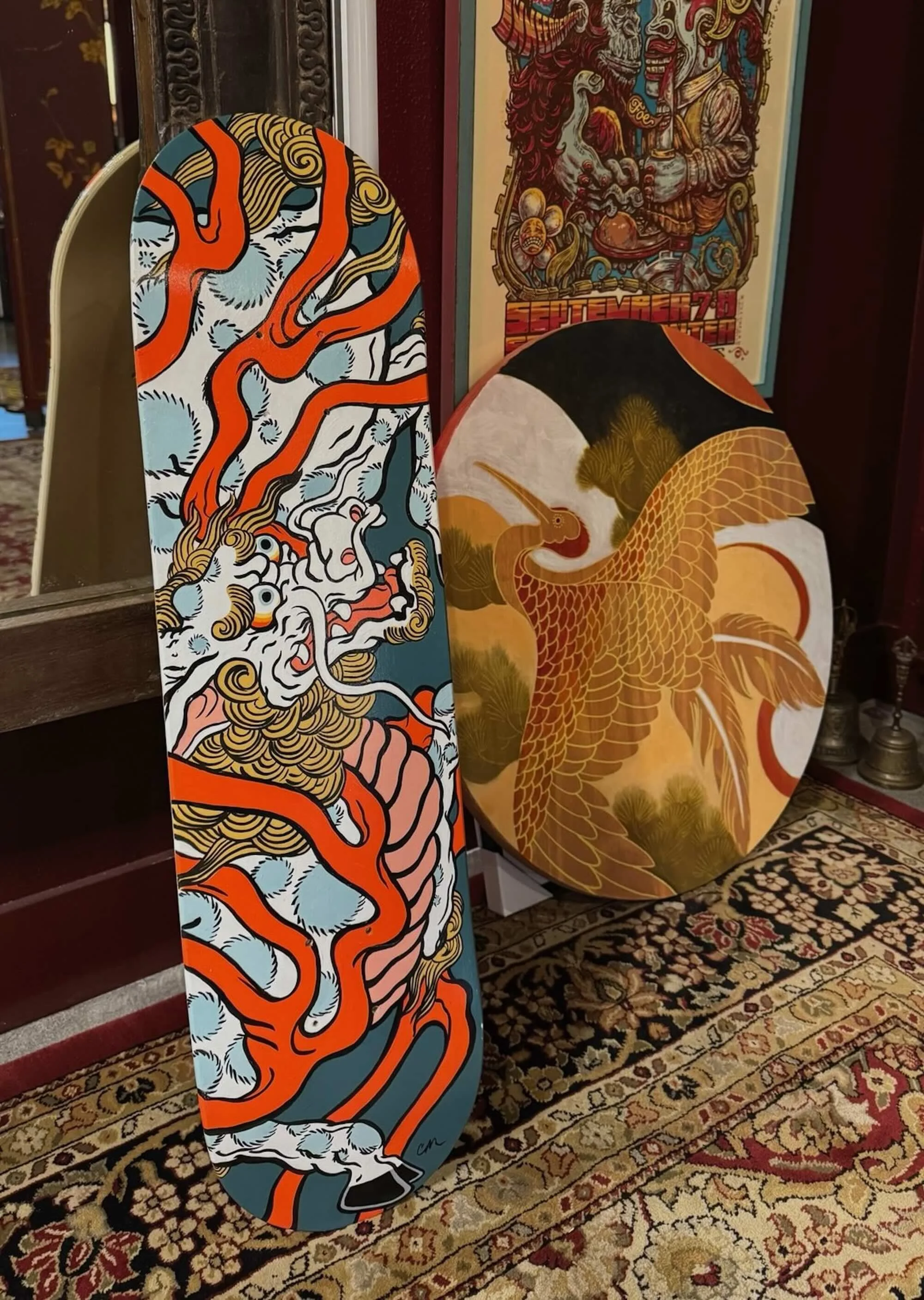 Kirin, hand painted skateboard by Cindy Maxwell.4.jpeg