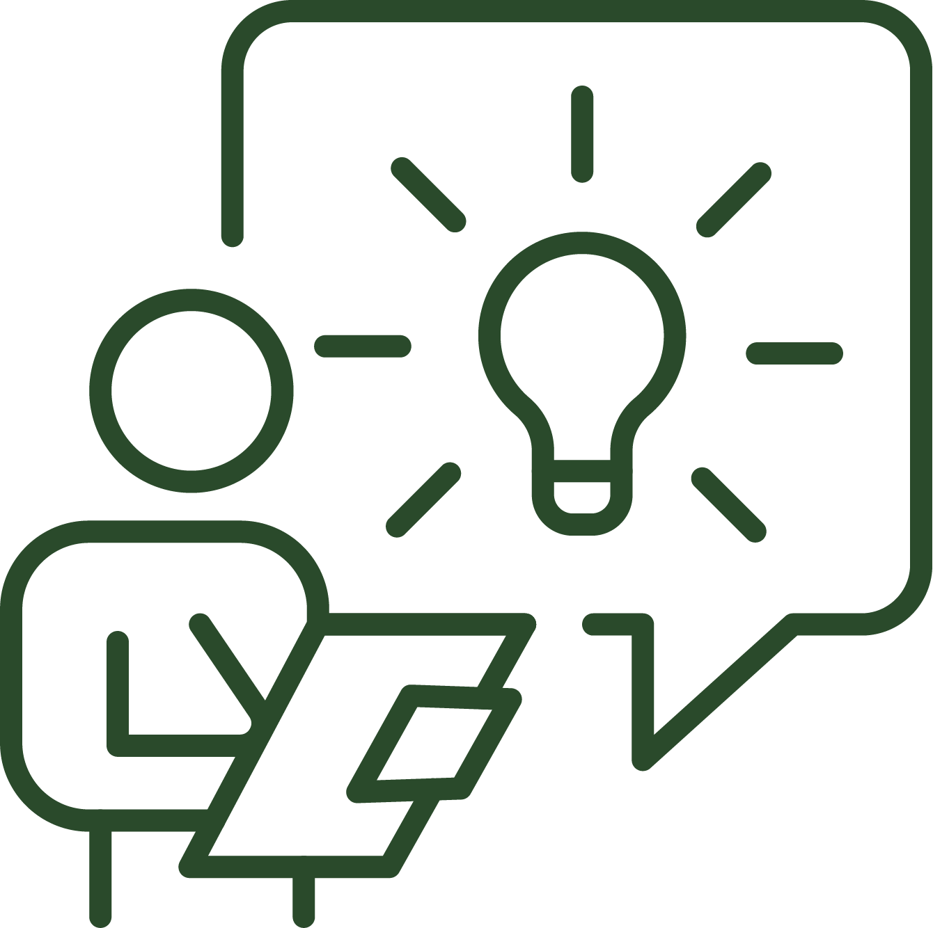 A line work image of a person holding up a clipboard in one hand, writing on it with the other hand. A text bubble in the background shows a lightbulb, demonstrating new business insights