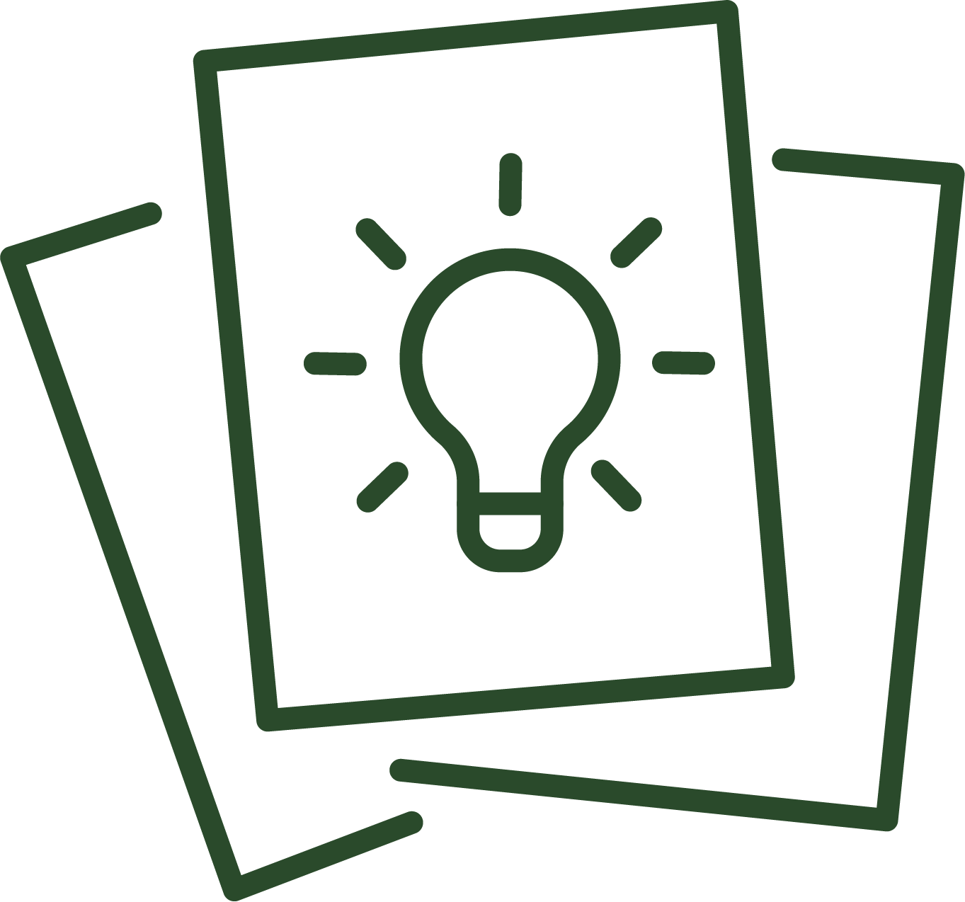 A line work image of three pages spread out with a lightbulb drawn on the center page