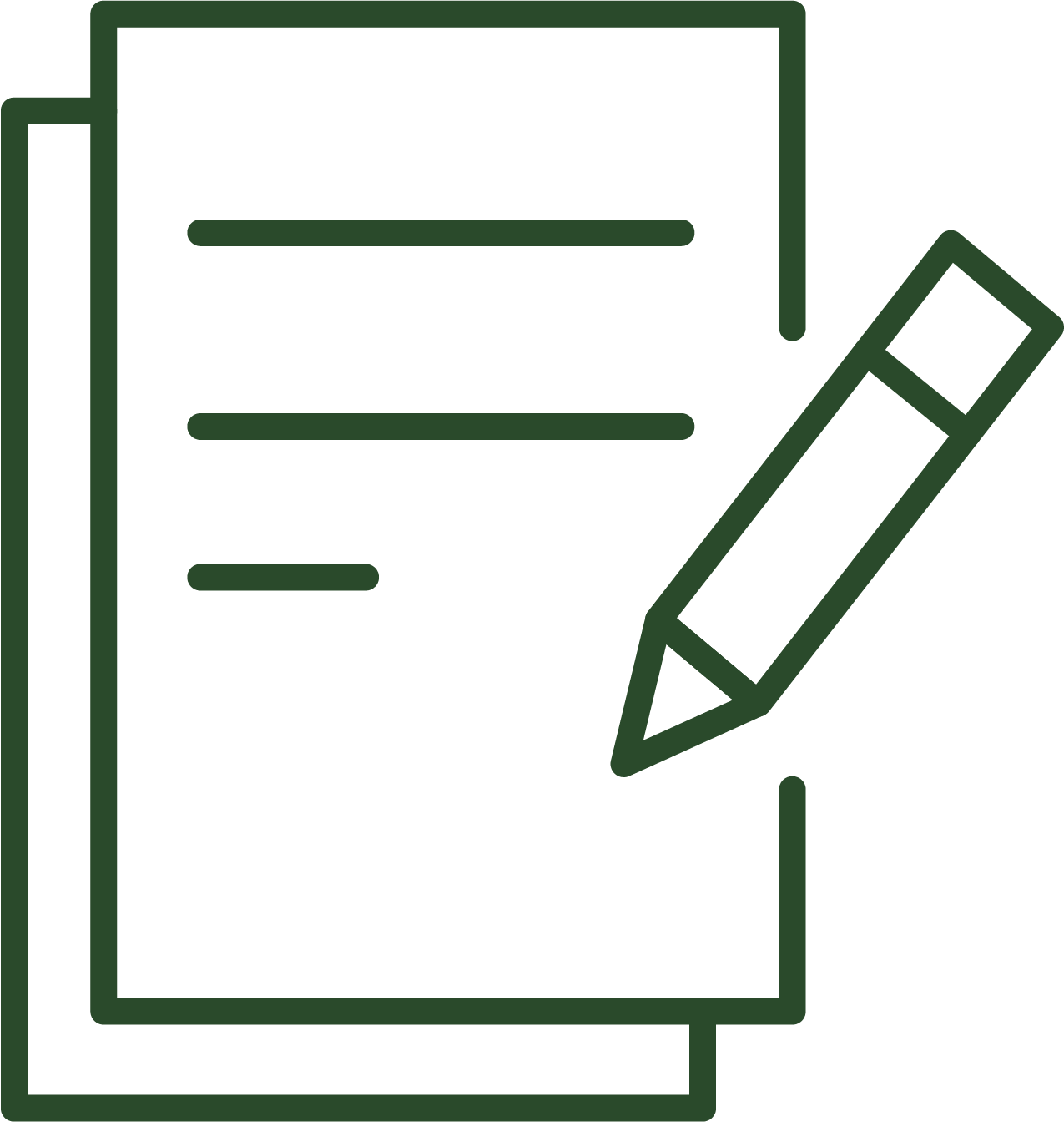 A line work image of two pages, neatly stacked together with a pencil writing information on the top page