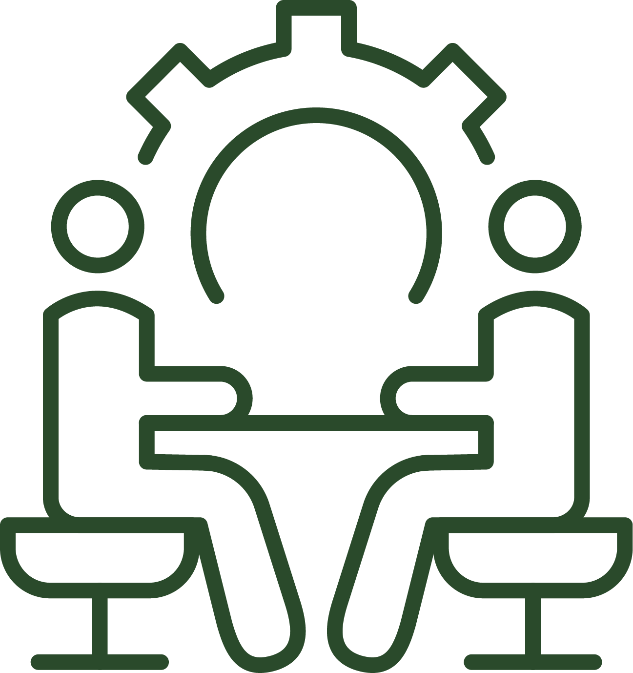 A line work image of  two people sitting across from one another at a table with a gear above them in the background