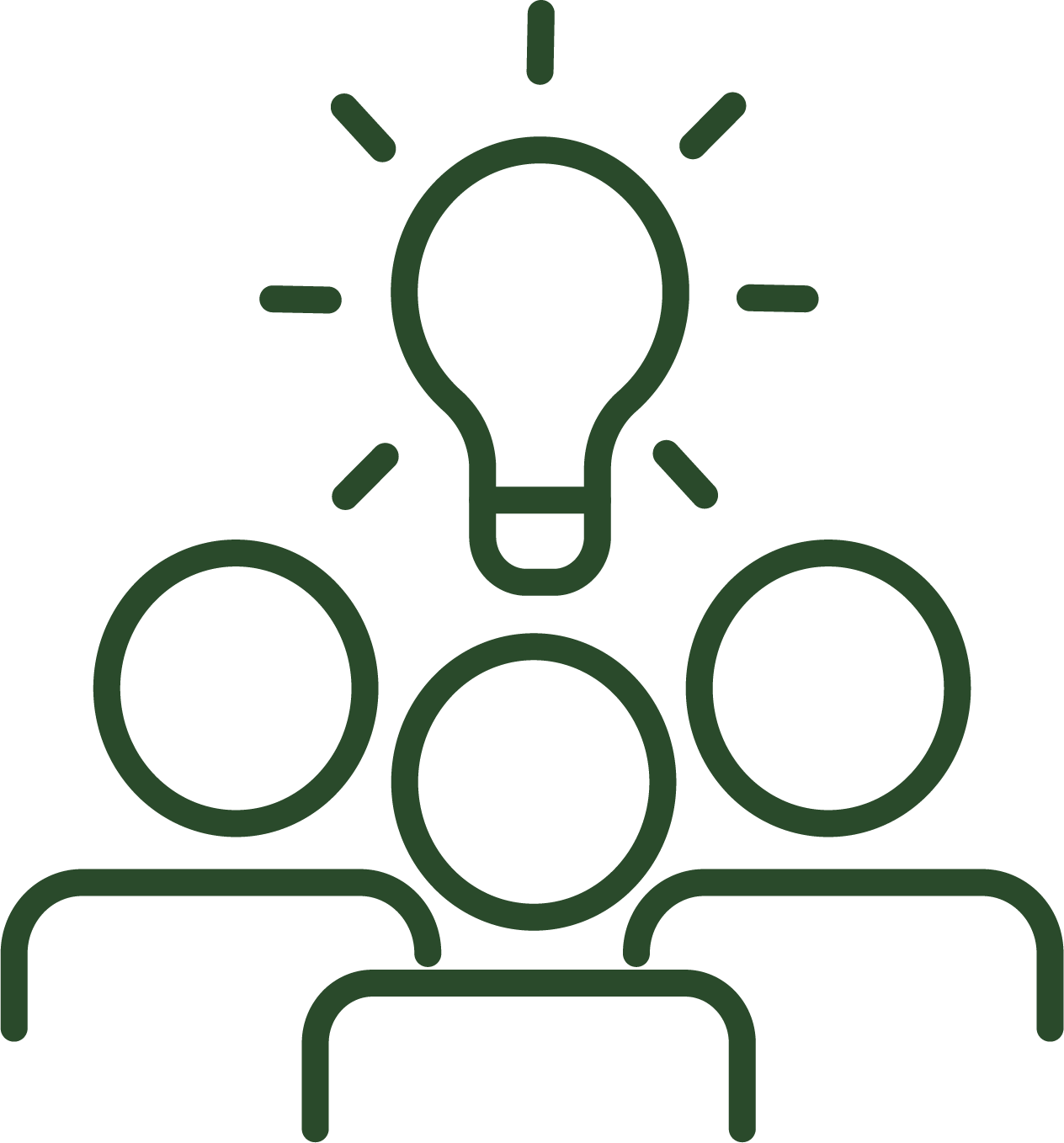 A line work image of three people from the shoulders up, standing together with a lightbulb above their heads