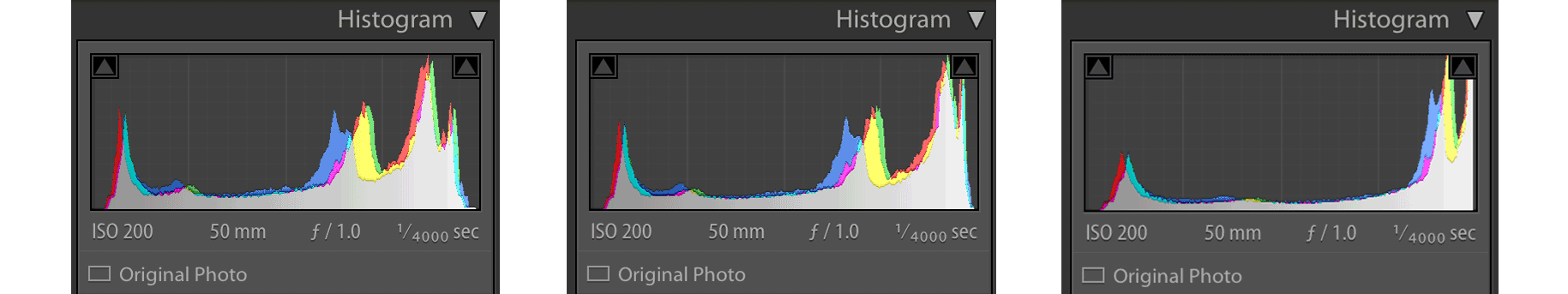 From left to right: +0 highlights/+0 whites, +100 highlights/+0 whites, +0 highlights/+100 whites. Photographed with Fuji X-Pro 2, Helios 44-4.