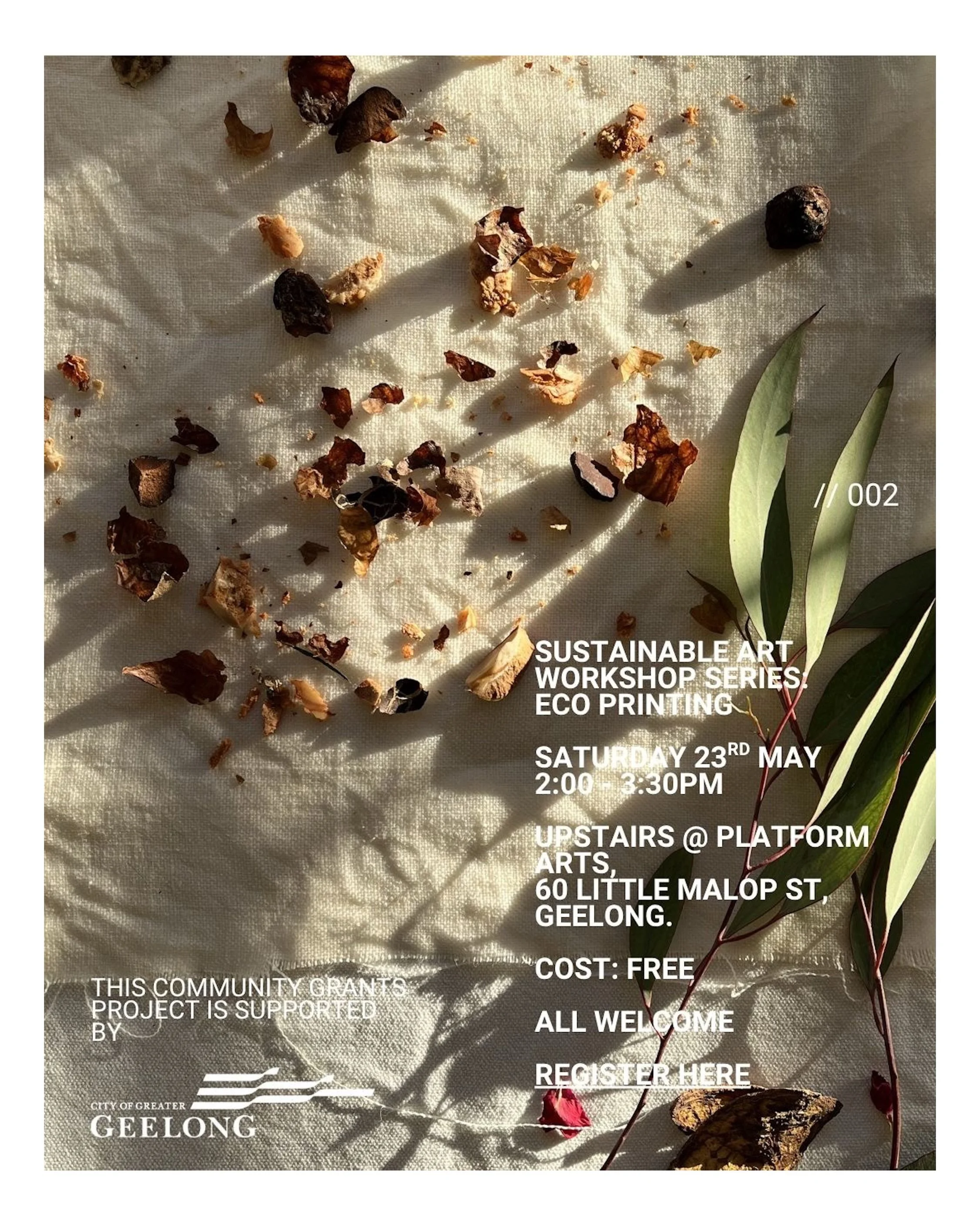 Workshop 2 is coming up 🌿

This one is all about eco printing - using leaves, flowers, and natural pigments to make one-of-a-kind prints on fabric. It&rsquo;s a really beautiful, slow process and you don&rsquo;t need any experience at all.

📍 Upsta