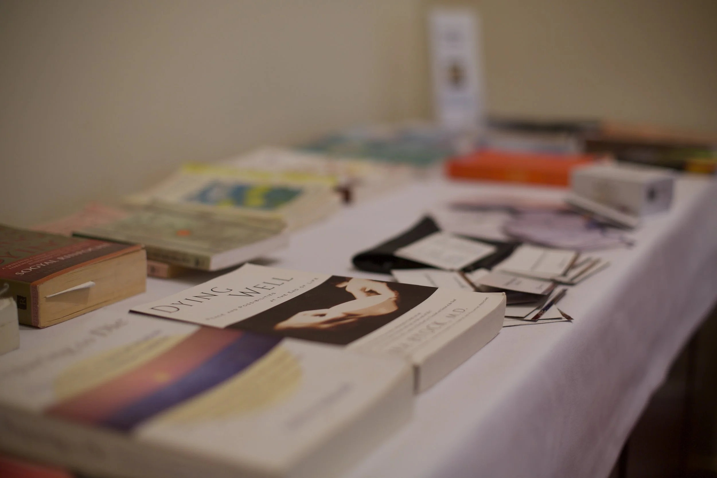A table full of Helen’s book recommendations for dying well. Photo by Mathew Bate.