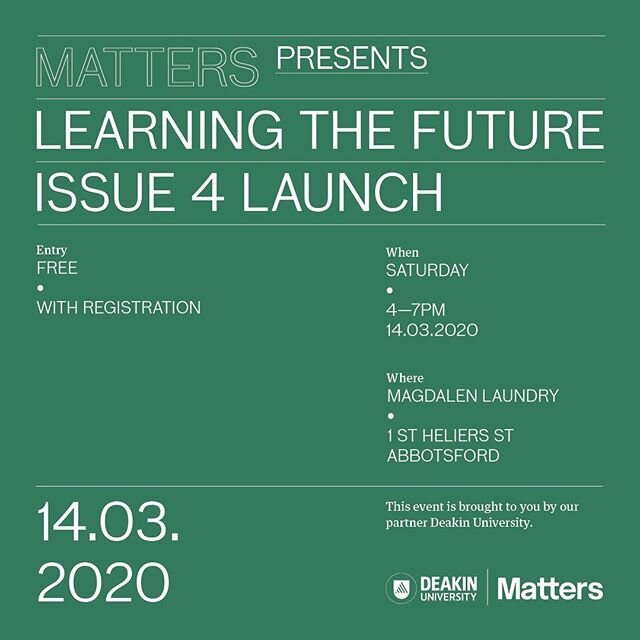 8 days to go! We&rsquo;re launching Issue 4 at Abbotsford Convent on March 14 as part of Melbourne Design Week. 
Matters Issue Four Launch is presented by @localpeoples and Matters Journal as part of Melbourne Design Week, with special thanks to @dea