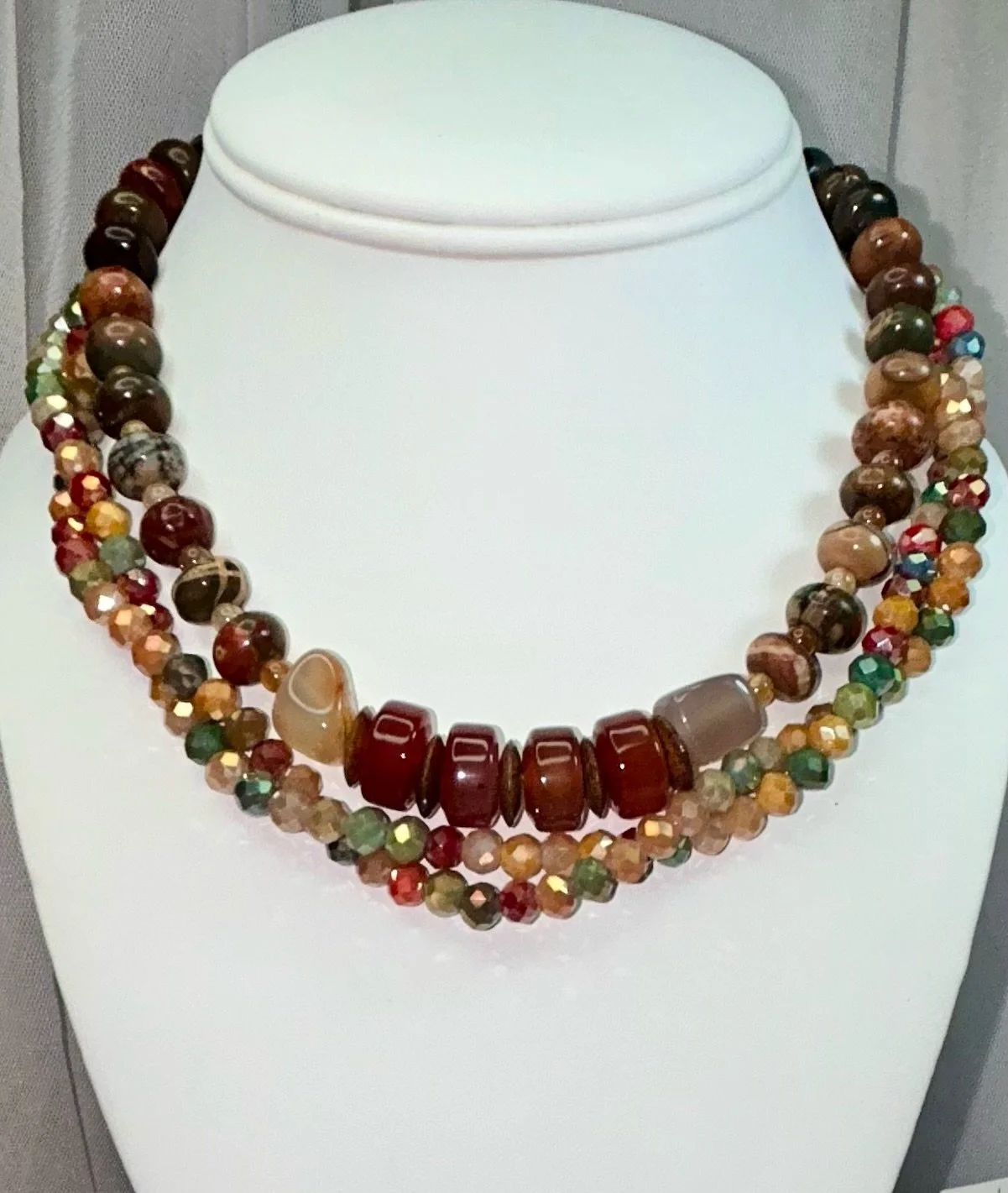 Red Creek Jasper, Carnelian, Japanese crystal and wooden discs. 18 inches.