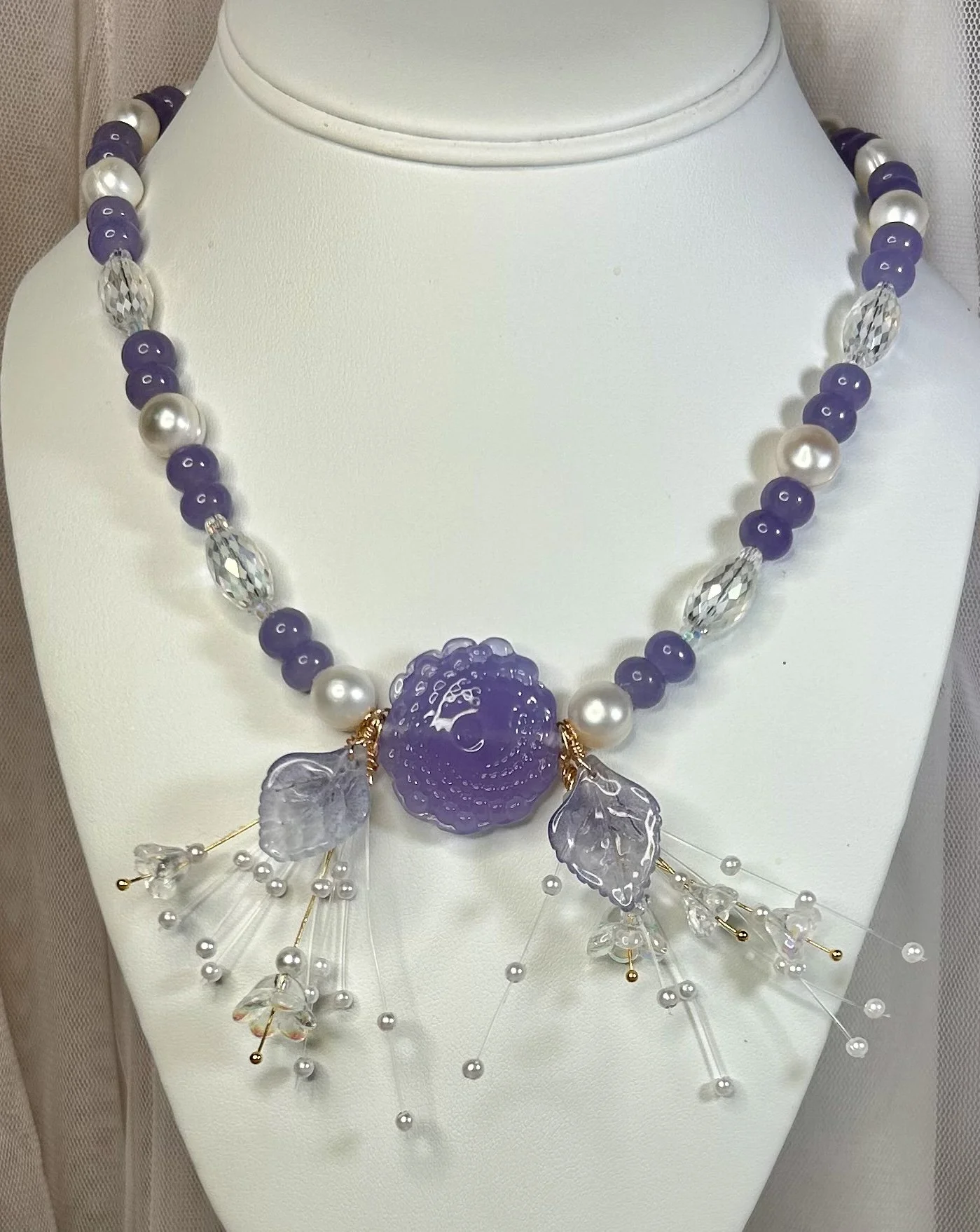 Lavender Blue handmade spiral glass centerpiece with freshwater 9-10 mm white pearls and dyed jade 5x8 mm rondelles.