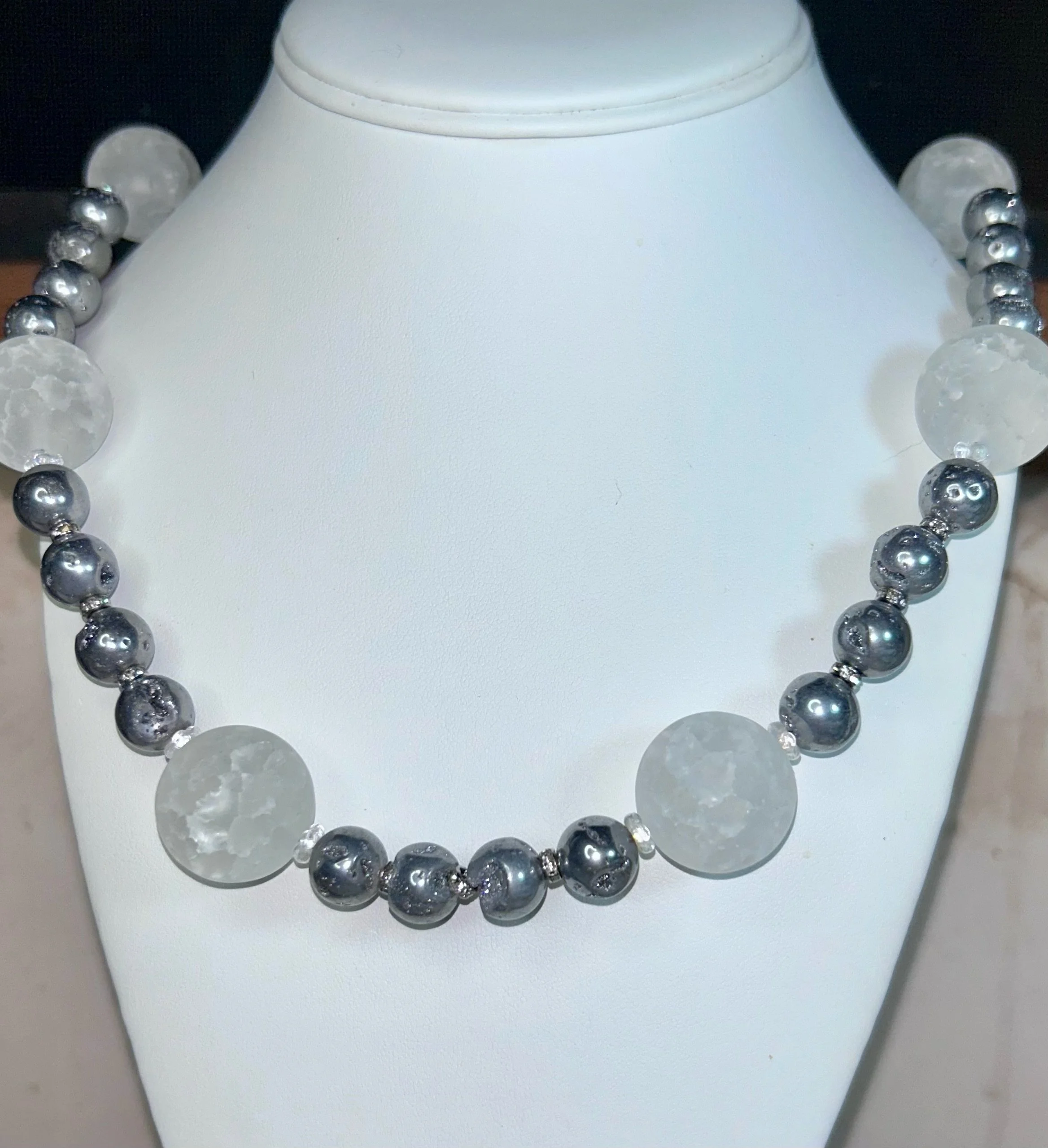 Natural druzy with silver sparkles and crackle quartz. 18” with extender. 