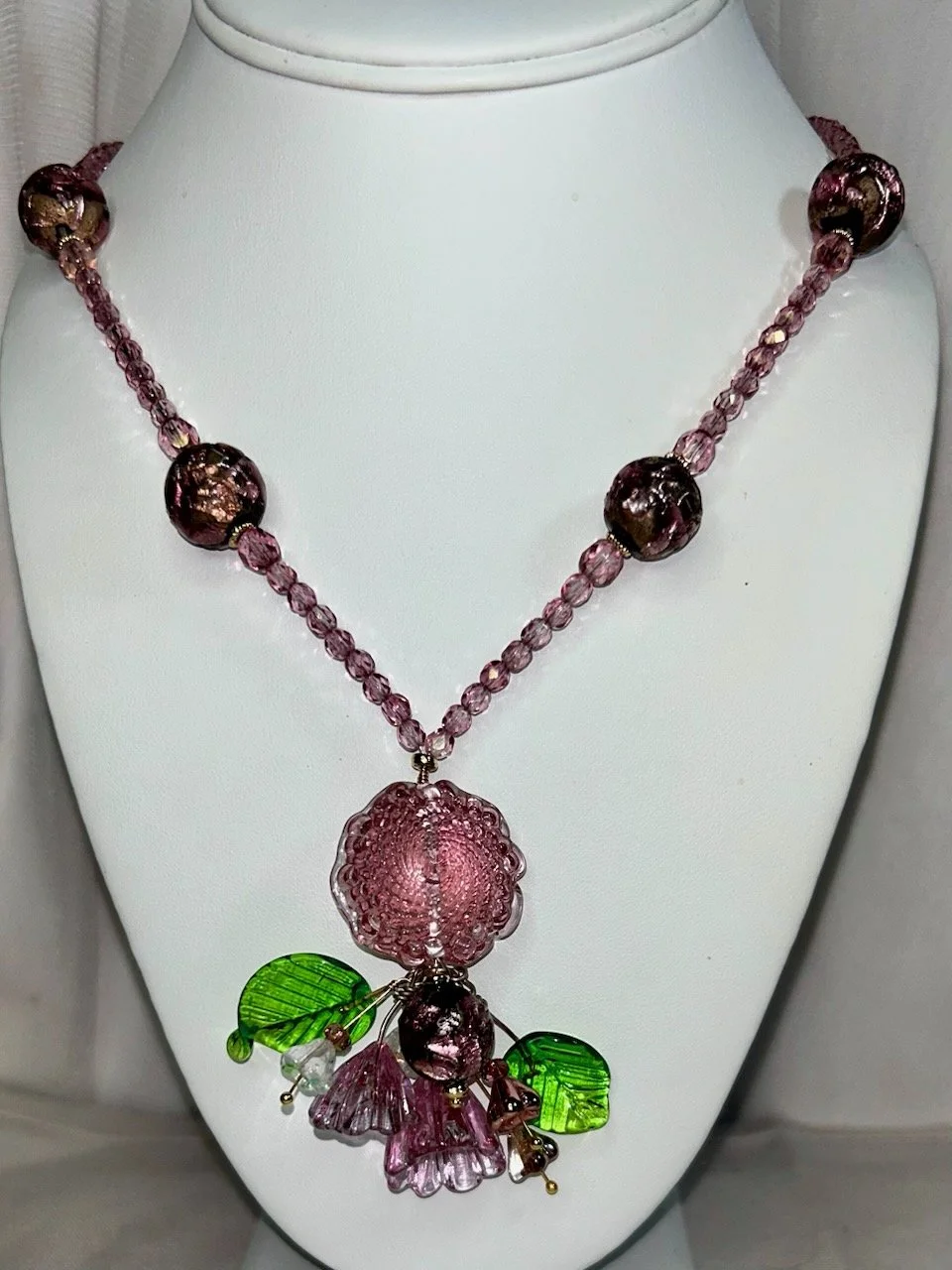 Handmade glass central spiral, flowers and leaves. Large vintage, circa 1920, unique handmade Japanese beads with fire polish pink beads. 