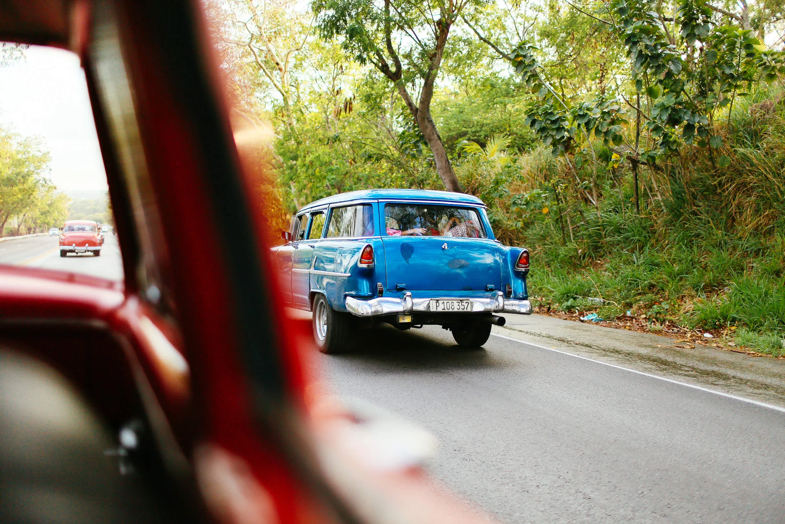 Cuban old blue car highway