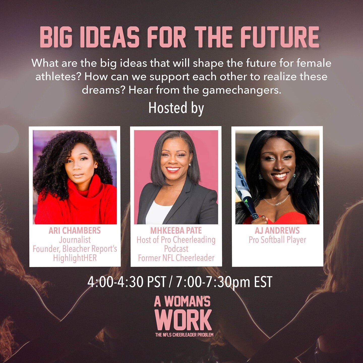 Join #AWomansWorkDoc for BIG IDEAS FOR THE FUTURE, the first of three 30-minute conversations as part of our event FEMALE ATHLETES &amp; ALLIES UNITE, on Thursday from 4pm PT / 7pm ET!⁠
⁠
What are the big ideas that will shape the future for female a