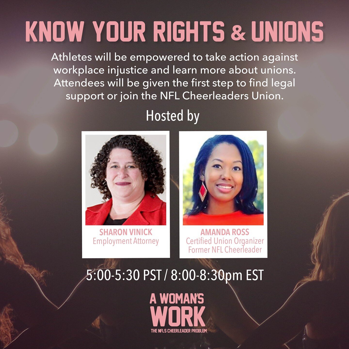 Join #AWomansWorkDoc for KNOW YOUR RIGHTS &amp; UNIONS, the final of three 30-minute conversations as part of our event FEMALE ATHLETES &amp; ALLIES UNITE, TONIGHT from 5pm PT / 8pm ET!⁠
⁠
Athletes will be empowered to take action against workplace i