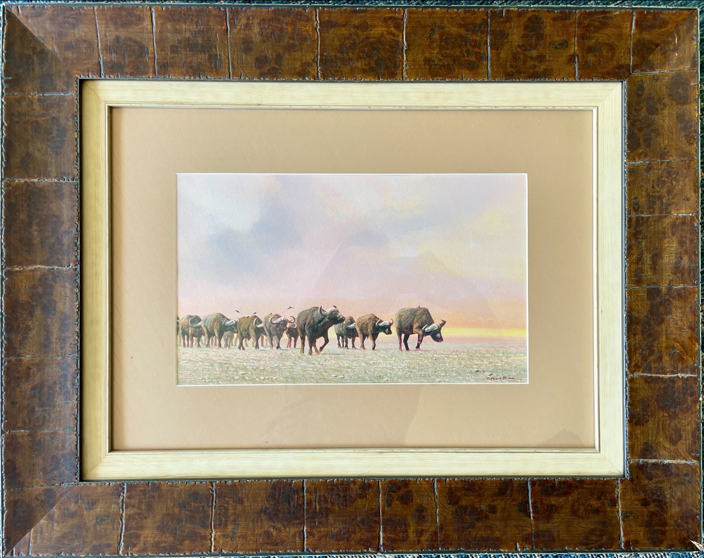 Soft pinks and yellows wash over the savanna as these gentle giants make their way back home. A touch of romance in the African wild. &ldquo;The Journey. #craigboneartist #watercolordreams #africanbuffalo #romanticmood