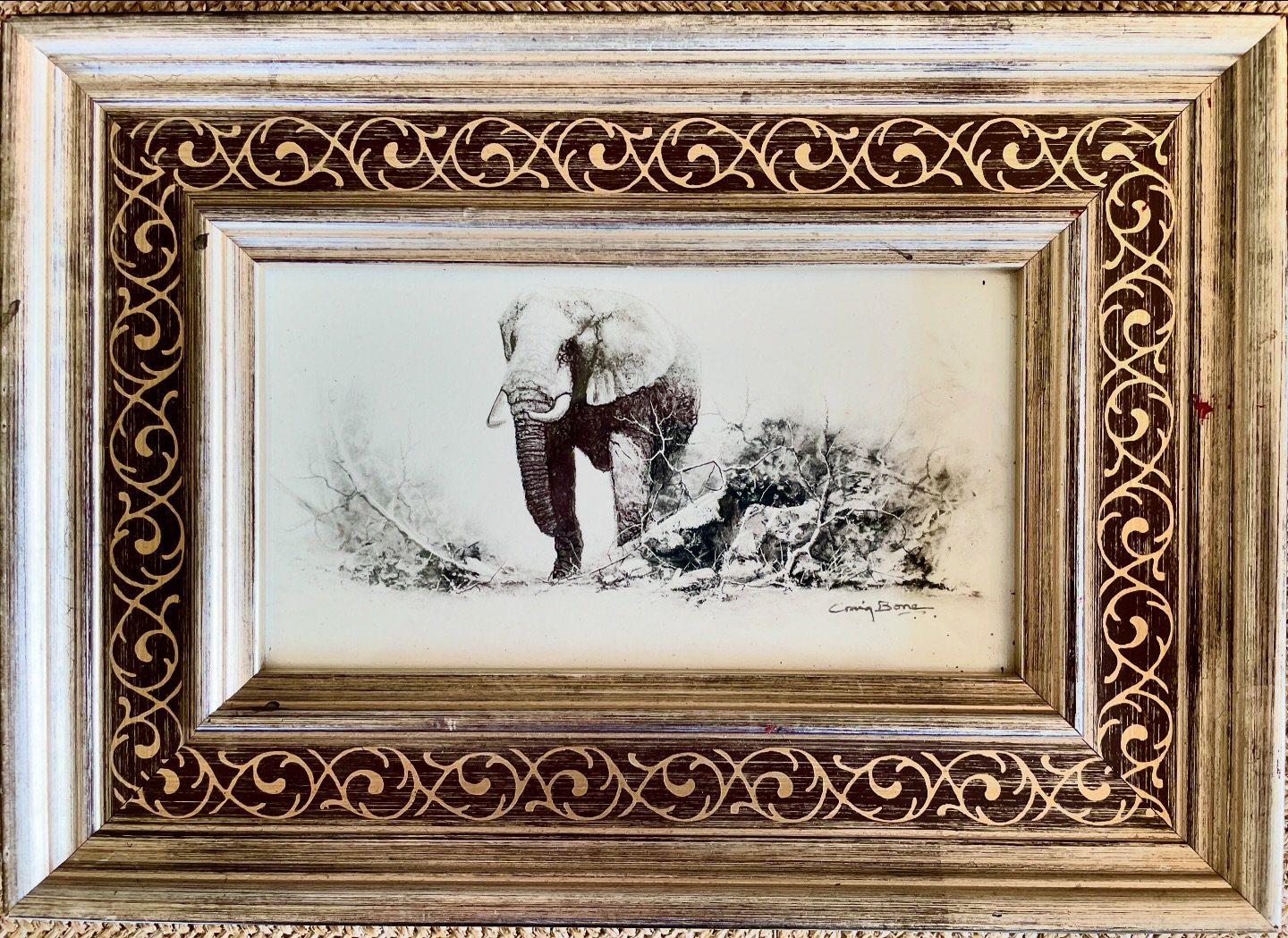 Miniature pen and ink of an African Elephant. This treasure is on 4x6&rdquo; and the frame adds another 2&rdquo; around. A perfect piece for your art collection. #craigboneartist #minature #africanelephant #penandink