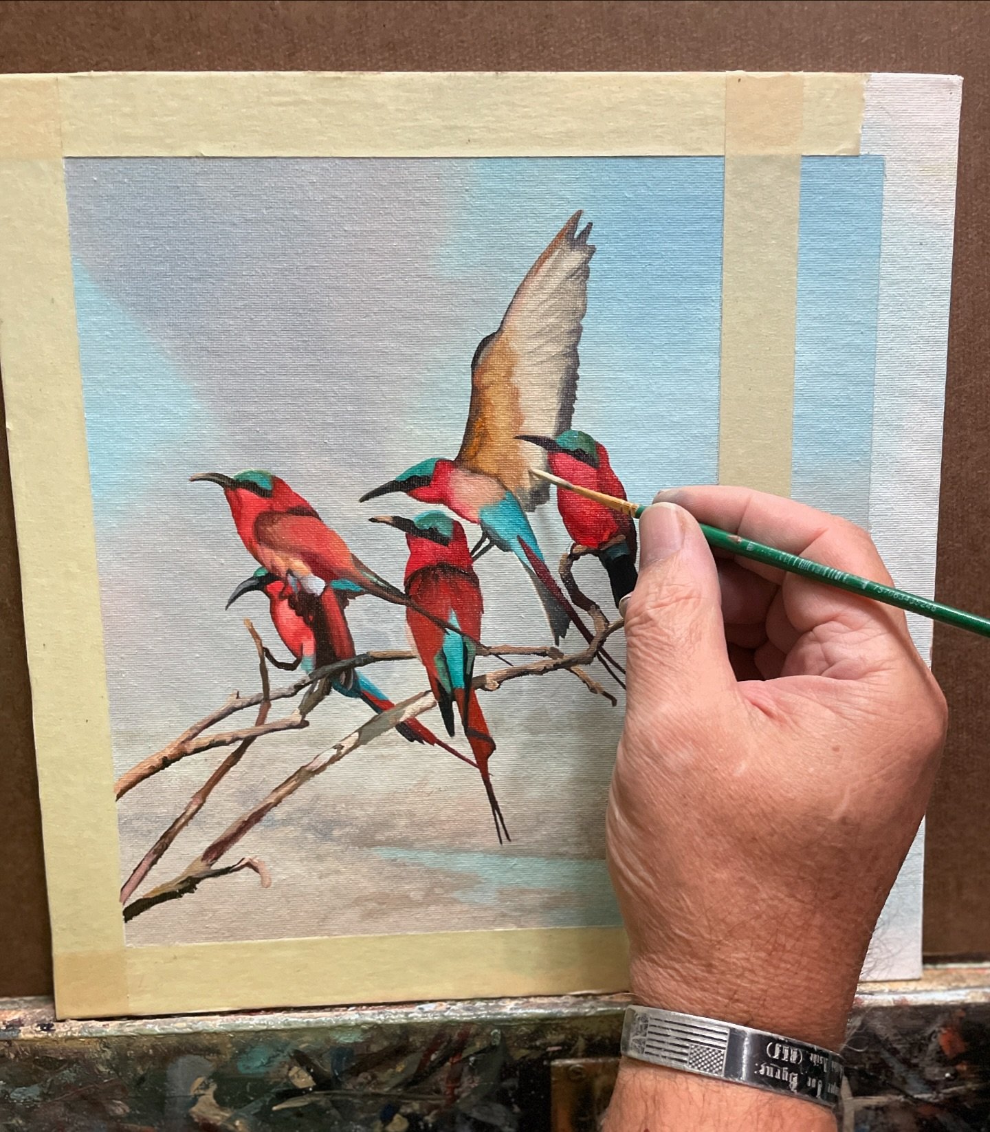 Carmine Bee-eaters on the easel this morning in the studio.  Their vibrant colors on full display.  #craigboneartist #carminebeeeater #zimbabwe #oilpainter