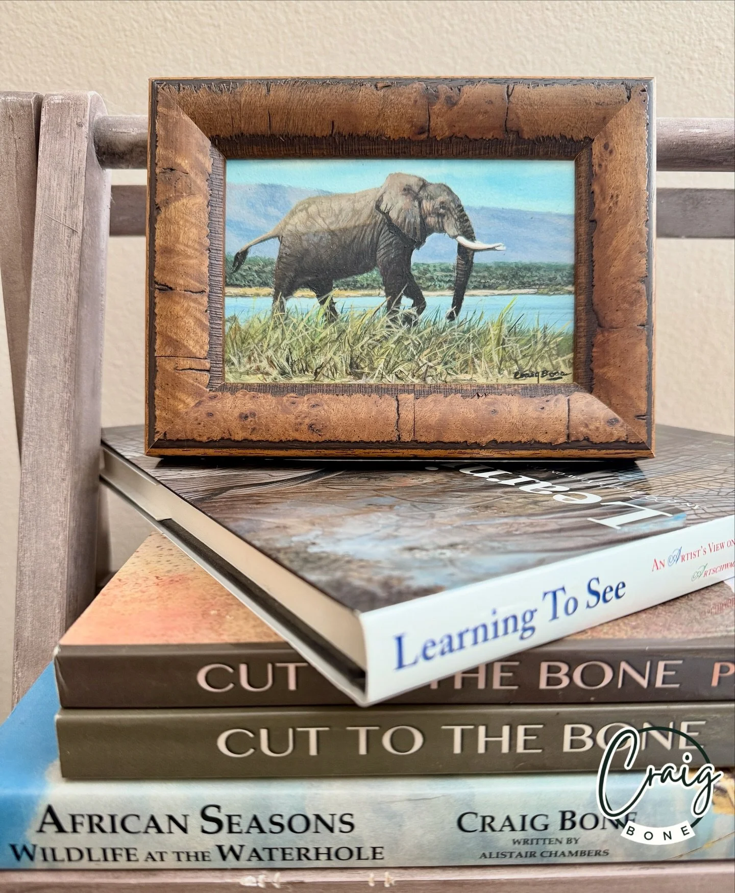 A small moment of nostalgia, painted.  Where did all the time go?  The elephant remembers.  Miniature elephant oil painting on board. #craigboneartist #craigboneart #elephantart #africanart #minaturepaintings #availableart