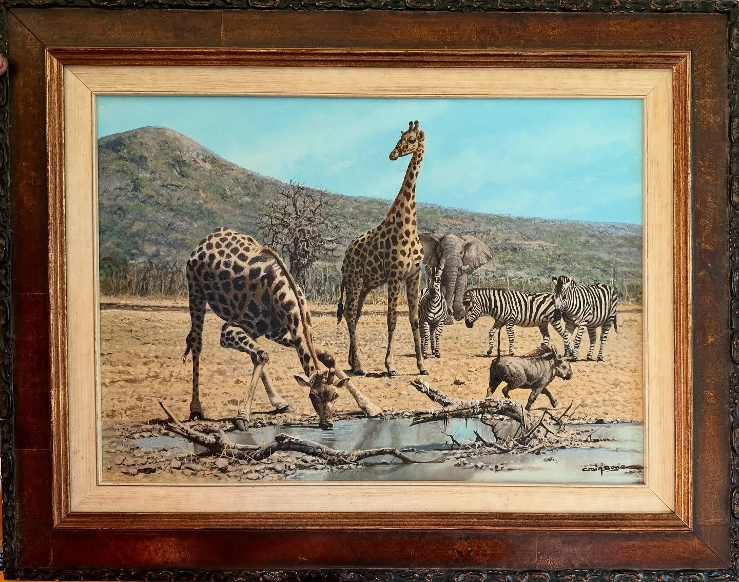 Beautiful giraffe. Gonarezhou and Hwange national Parks are two places in Zimbabwe where you can go and find these beautiful animals. Minature oil on board.  #craigboneartist #craigbone #giraffe #baobab #zimbabwe