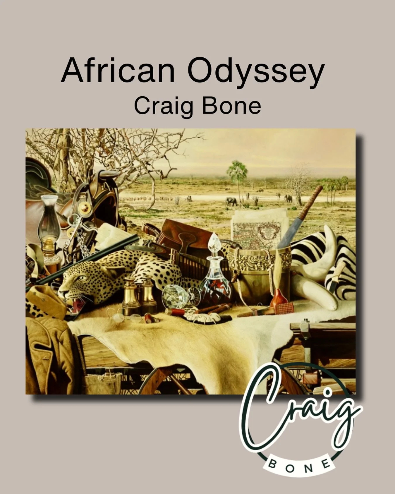 Craig really loved old things. He invisioned the old fashioned safari - a total luxury, with furnishings, cigars and crystal.  A gentleman&rsquo;s sport.  Here is one of his paintings depicting that very thing. African Odyssey.  #craigbonewildlifeart