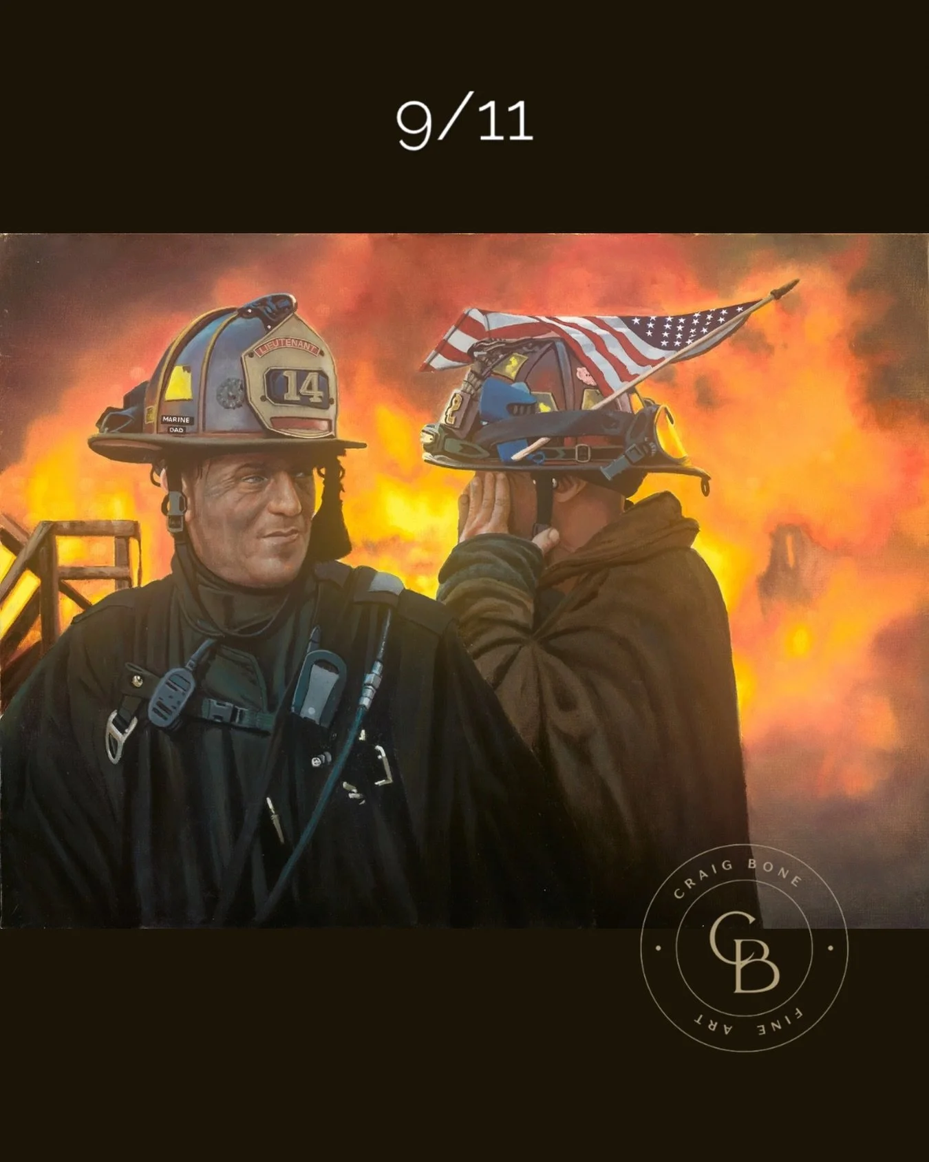When Craig was volunteering at Camp Lejuene he met with a Marine whose father was a firefighter in New York at the time of 9/11.  This is a painting of that man. The firefighters were such heroes on that day and the days after. It was heart wrenching
