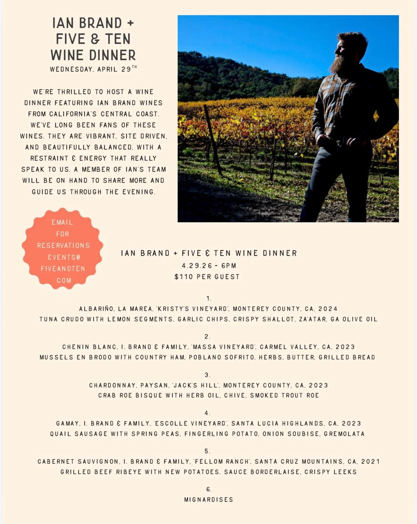 ATTN: Athens, GA 🚨 We have an event you don&rsquo;t want to miss! 

Our friends at Five &amp; Ten (@fiveandten ) are hosting a wine dinner featuring &ldquo;Winemaker of the Year&rdquo; Ian Brand &amp; Family Wines! Peep the details here but these ar