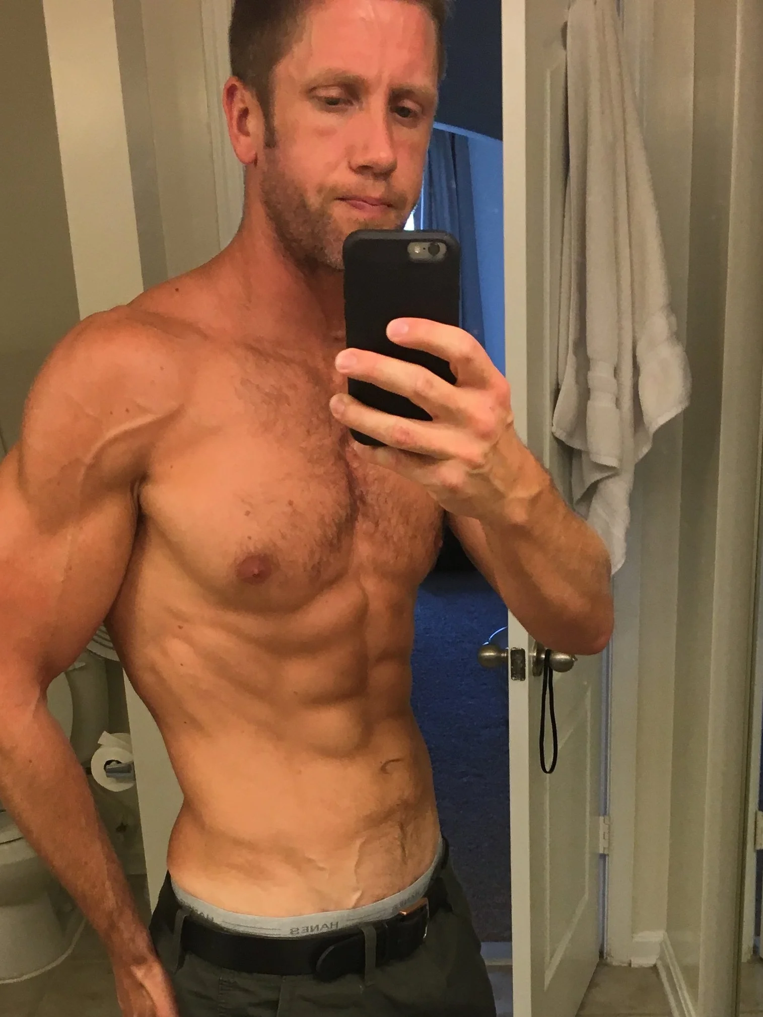 *Bathroom selfie alert (this was hard for me to post as selfie’s aren’t my style. It made sense in the context of this post, so against my better judgement here it is) * This was me flexing in the mirror a couple years ago after blitzing my abs with a similar protocol for 8 weeks. While great for the 6-pack, this program does nothing to cure a man’s inability to put the toilet seat down after use.