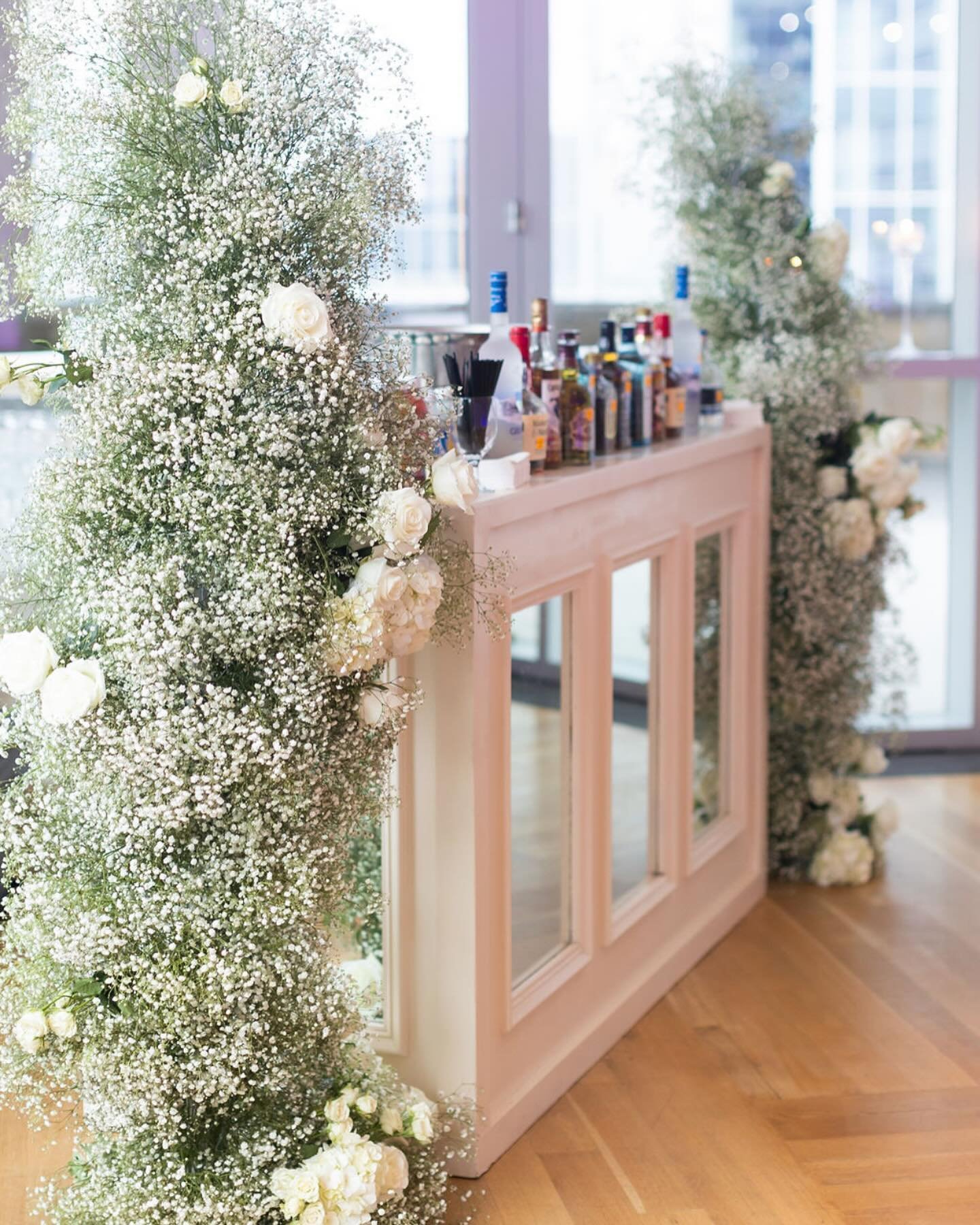 Loved the use of baby&rsquo;s breath to create dimension, texture, and a wow factor at Abbey &amp; Rusty&rsquo;s wedding! Baby&rsquo;s breath is always a good idea to use for wow factor arrangements like around the bar or down your aisle because it i