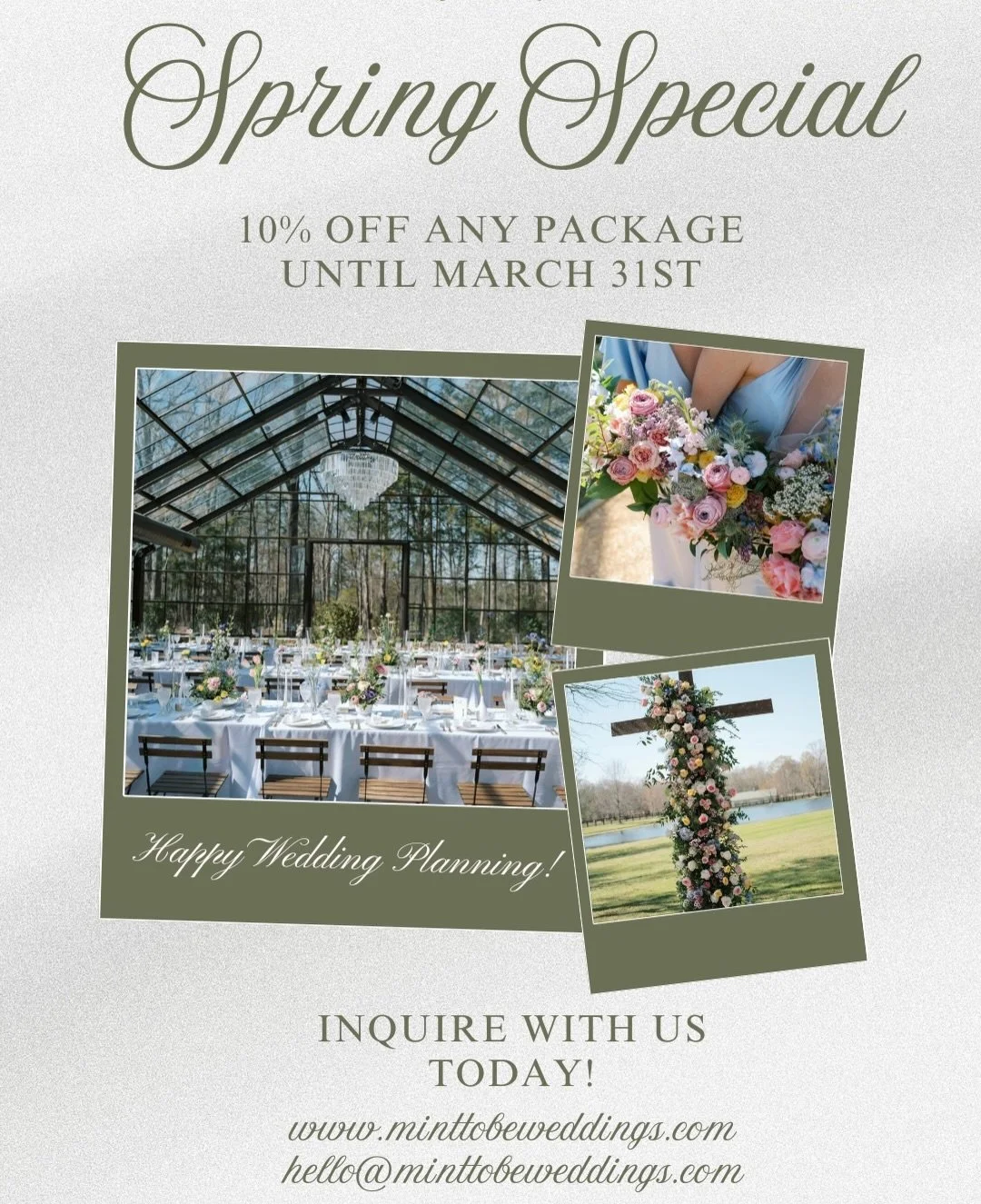 Happy Spring! We are excited to share our Spring Special- 10% off of any of our packages from now until March 31st 🌷

We can&rsquo;t wait to share your wedding planning journey with you! Reach out to us today at hello@minttobeweddings.com or visit o