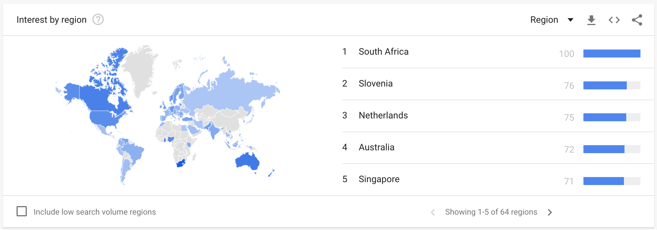 Interest by region for Google Queries of Bitcoin, from Google Trends.