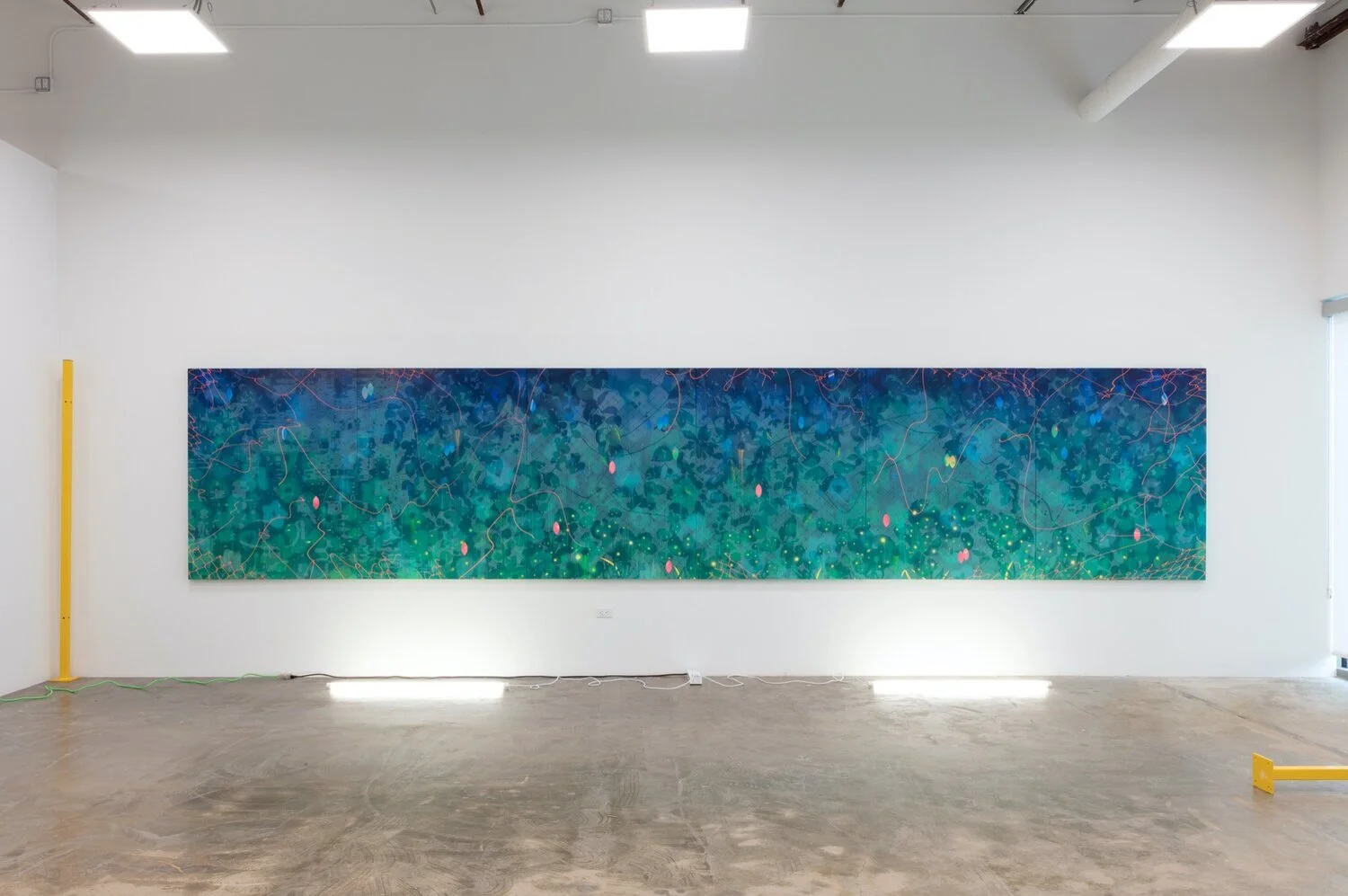 On the Fence, 2019, acrylic, Kuricoat C-720 (synthetic resin), powder pigment on panel, fluorescent light fixtures, steel posts, 60 x 288 inches 