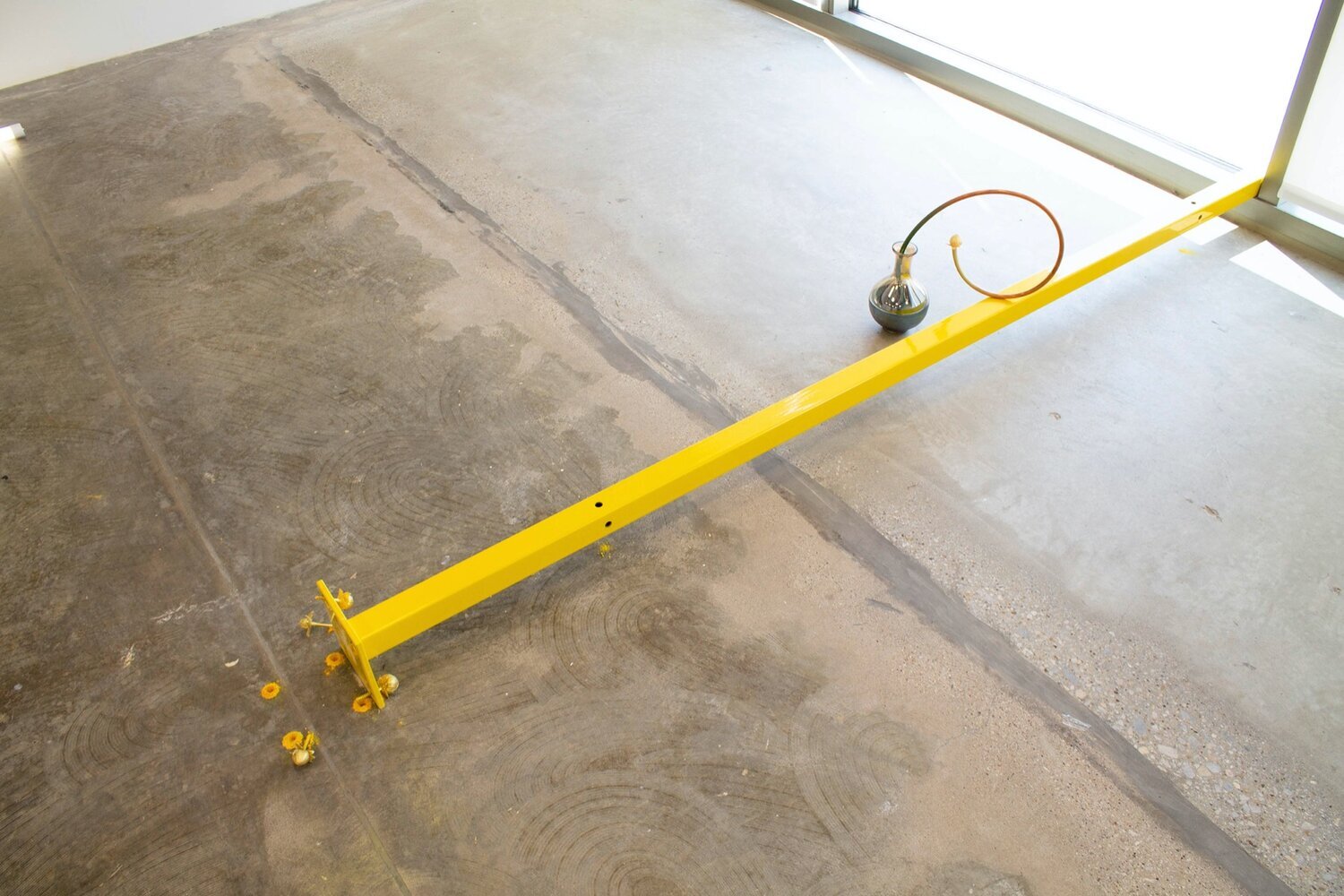 On the Fence (detail), 2019, acrylic, Kuricoat C-720 (synthetic resin), powder pigment, copper pipe, cast urethane, steel posts, glass vase, red wine