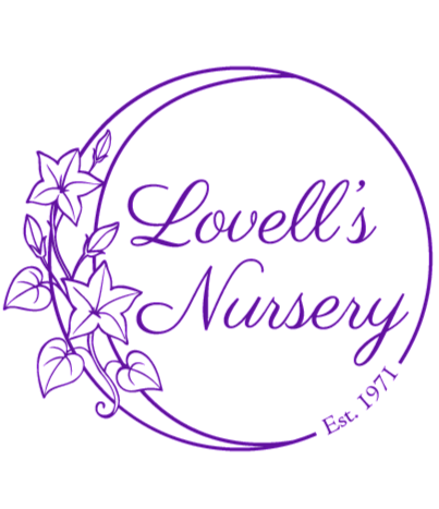 Logo featuring a stylized crescent moon in a circle pattern covered in moonflower vines and the words "Lovell's Nursery" and "Est. 1971"